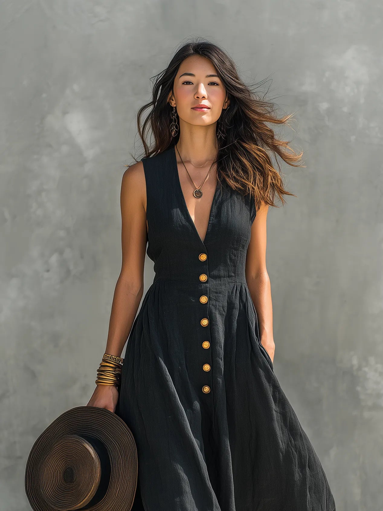 Women's Sleeveless Flowy Maxi Summer Dress with V-Neck