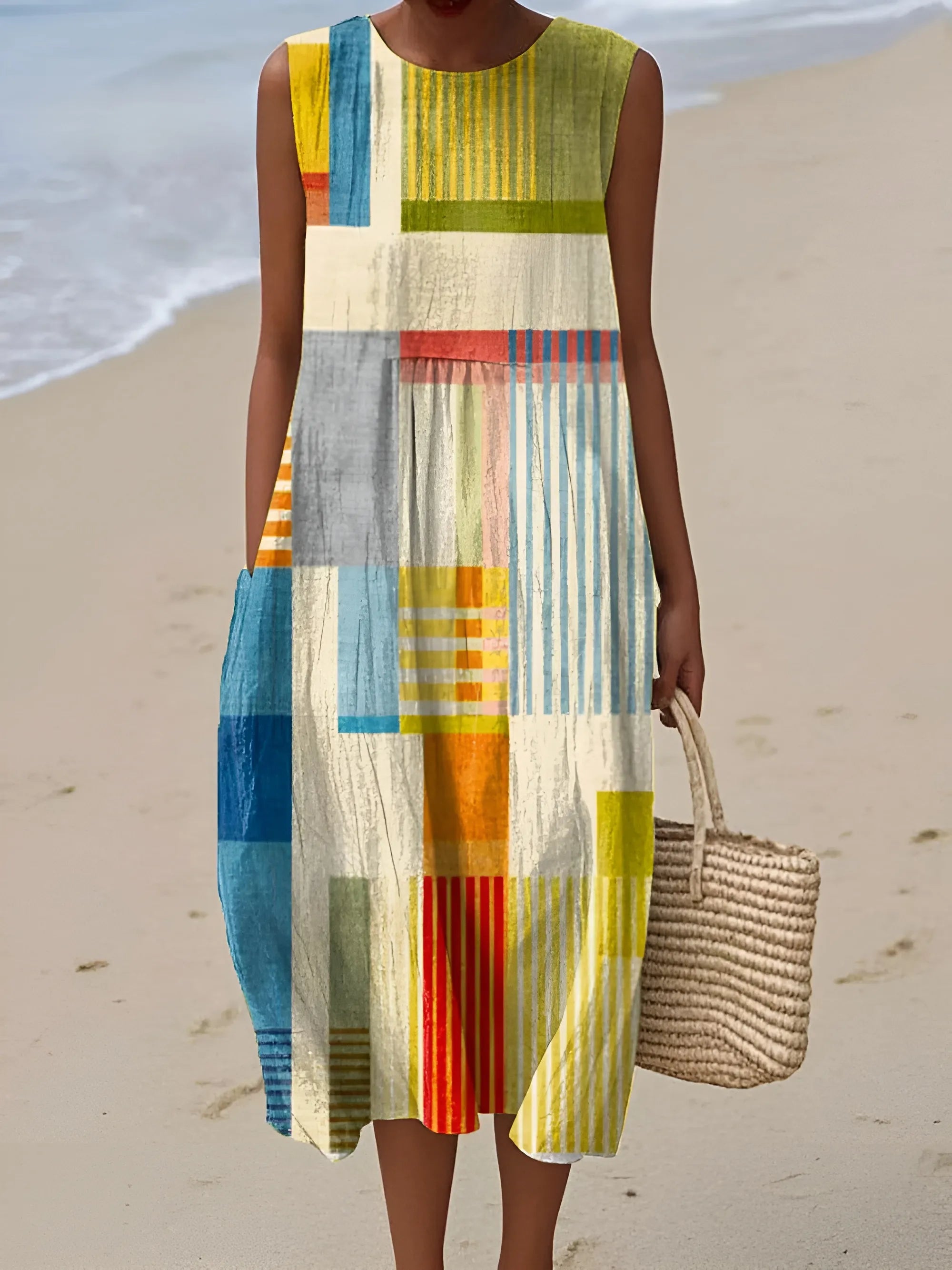 Women's Sleeveless Printed Midi Summer Dress with Round Neck