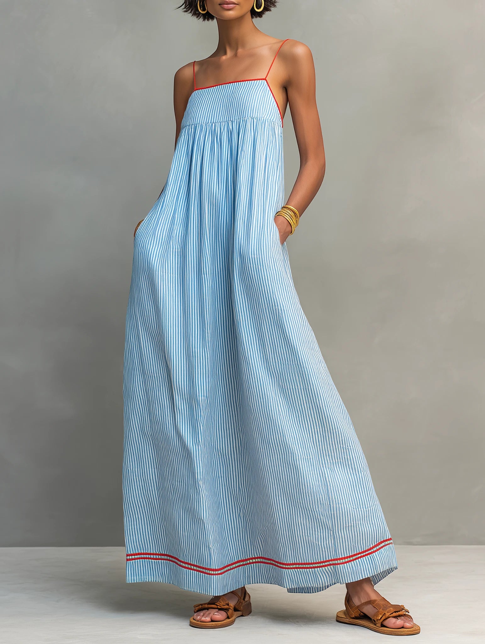 Women's Striped Maxi Summer Dress with Spaghetti Straps