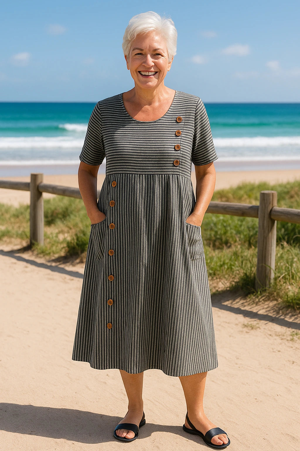 Women's Striped Midi Summer Dress with Short Sleeve