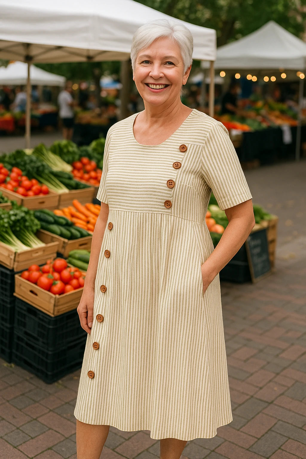 Women's Striped Midi Summer Dress with Short Sleeve