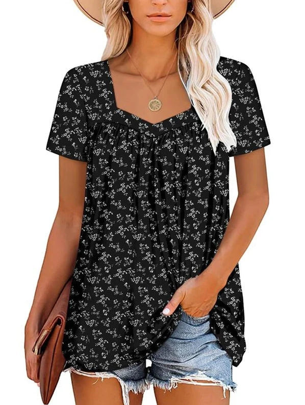 Women's Summer Blouse with Square Neck and Short Sleeves