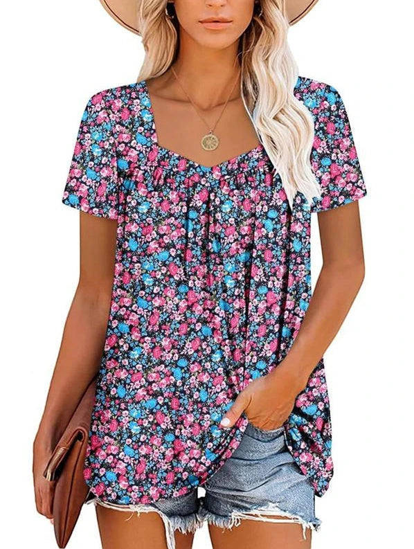 Women's Summer Blouse with Square Neck and Short Sleeves