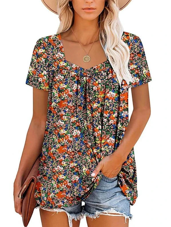 Women's Summer Blouse with Square Neck and Short Sleeves