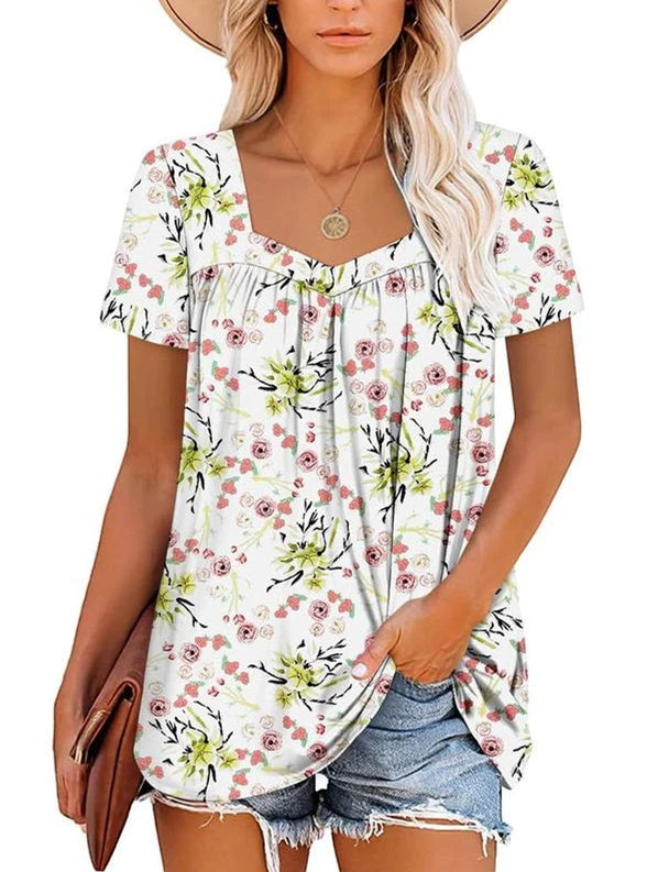 Women's Summer Blouse with Square Neck and Short Sleeves