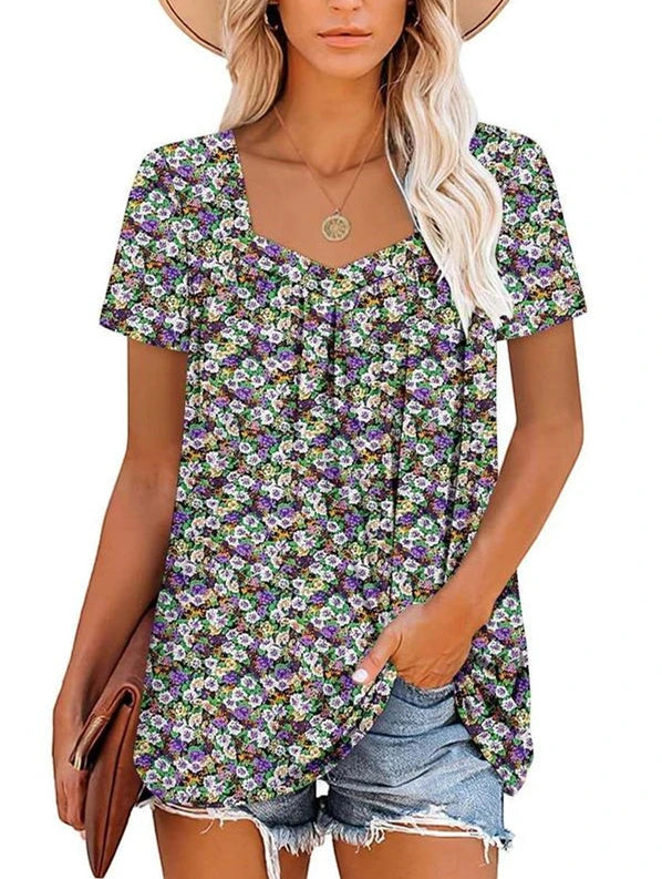 Women's Summer Blouse with Square Neck and Short Sleeves