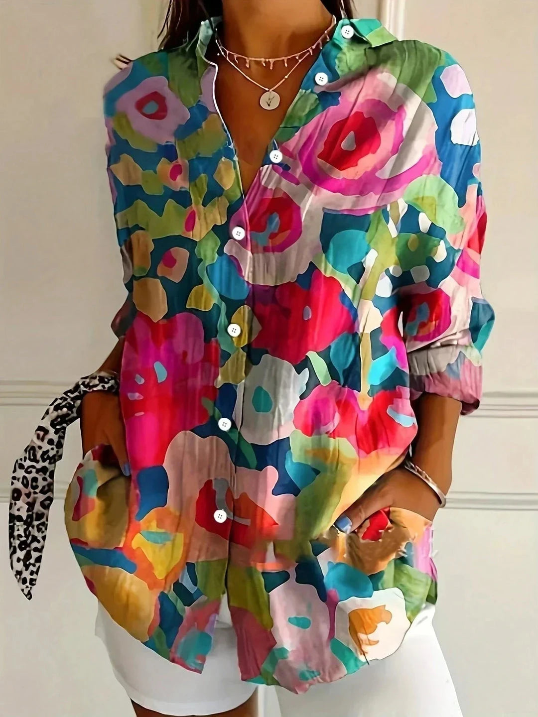 Women's Summer Shirt with V-Neck and Long Sleeves