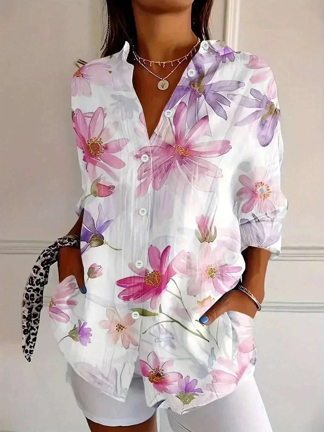 Women's Summer Shirt with V-Neck and Long Sleeves