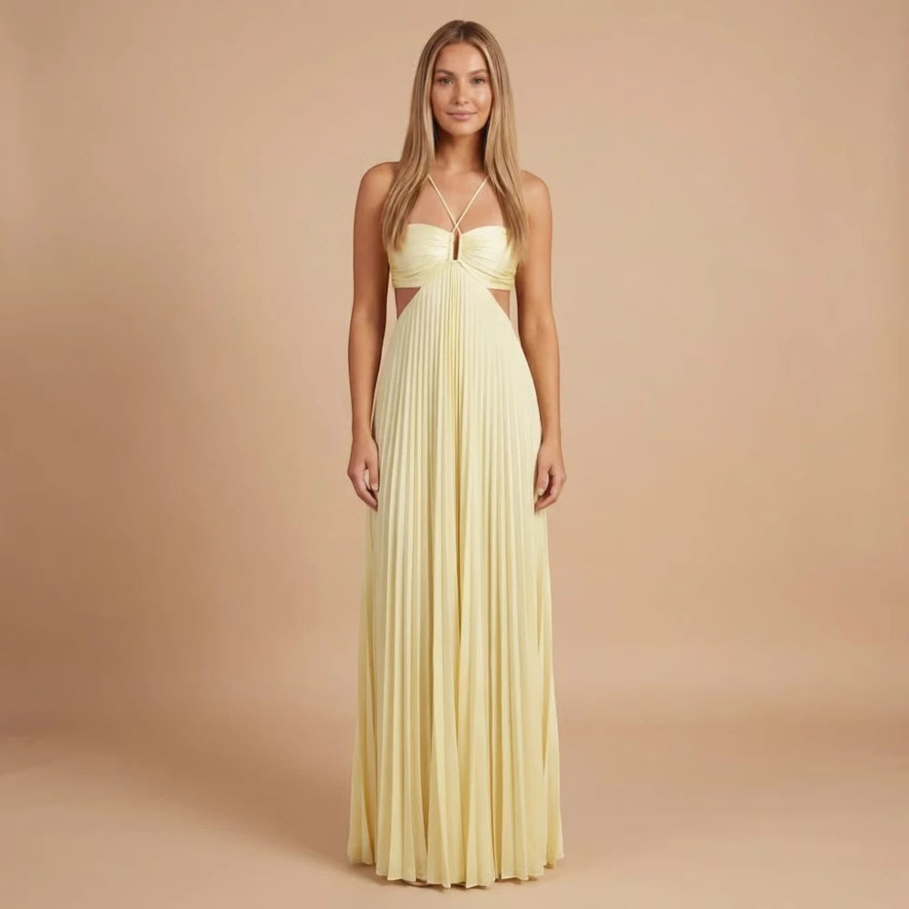 Women's Summer Maxi Wedding Guest Dress with Pleated Skirt