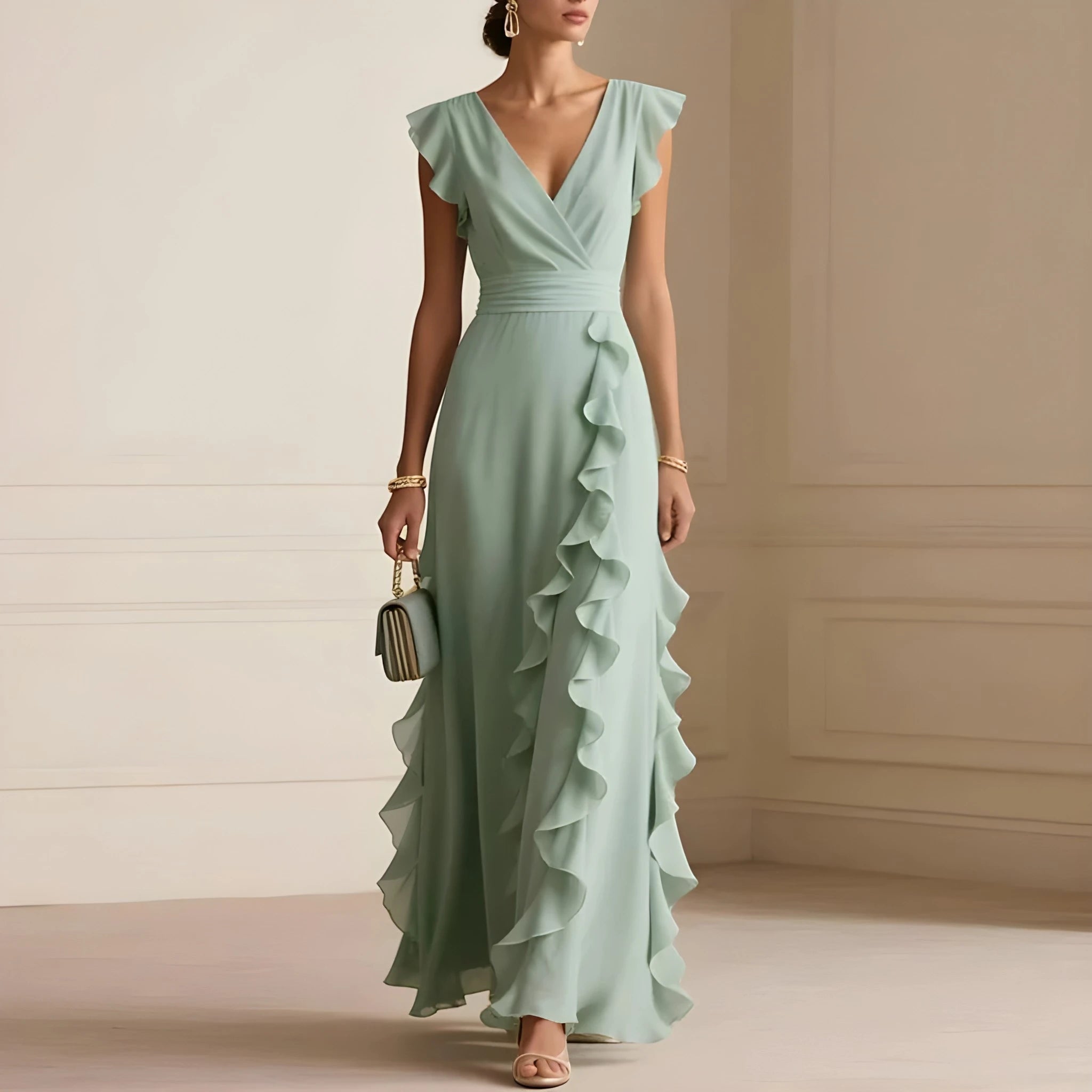 Women's Summer Maxi Wedding Guest Dress with Ruffle Details