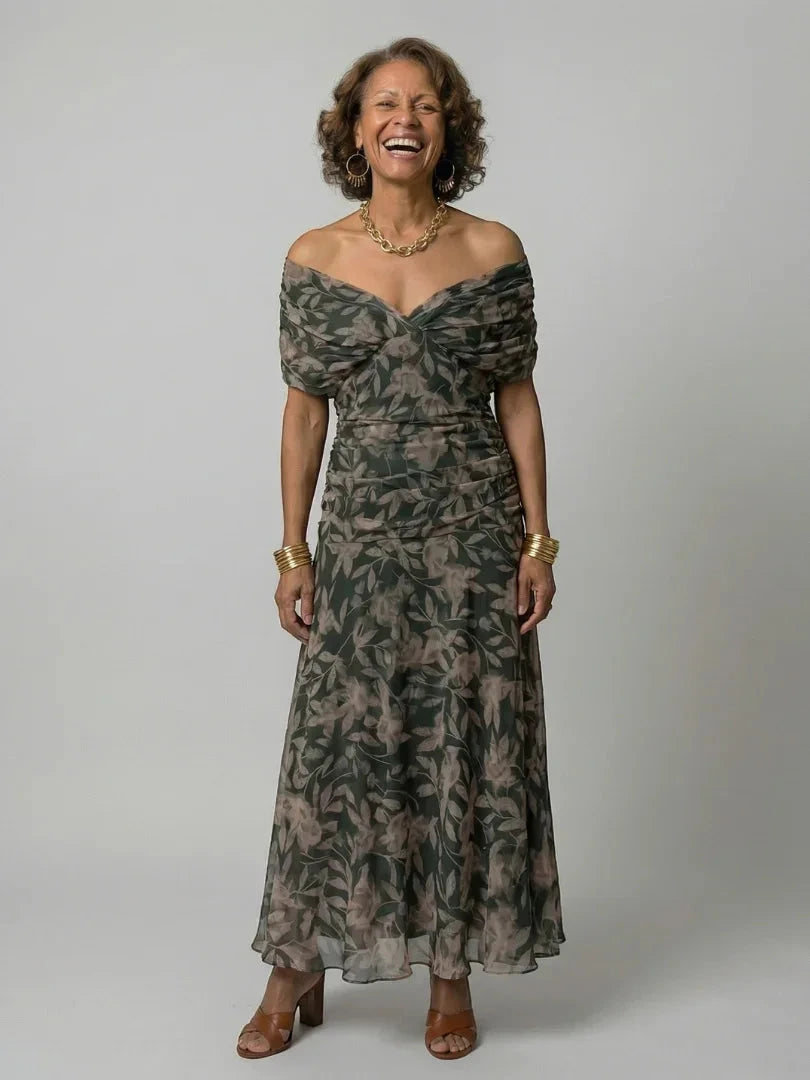Women's Summer Midi Wedding Guest Dress with Off Shoulder Neckline