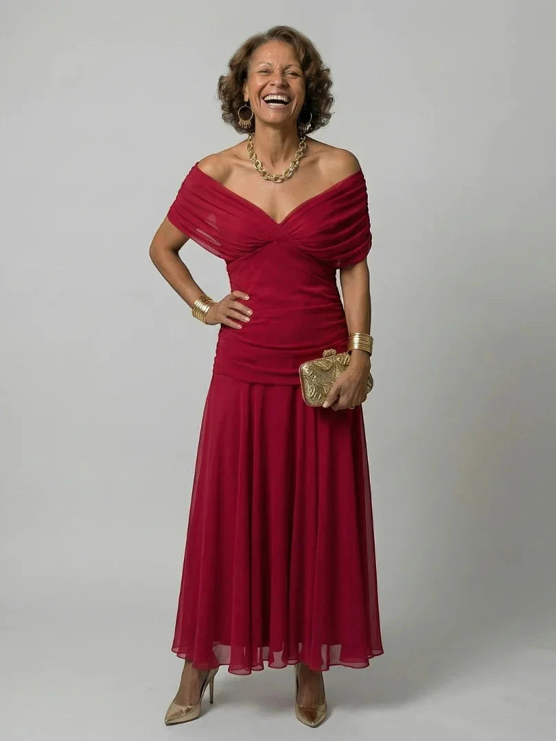 Women's Summer Midi Wedding Guest Dress with Off Shoulder Neckline