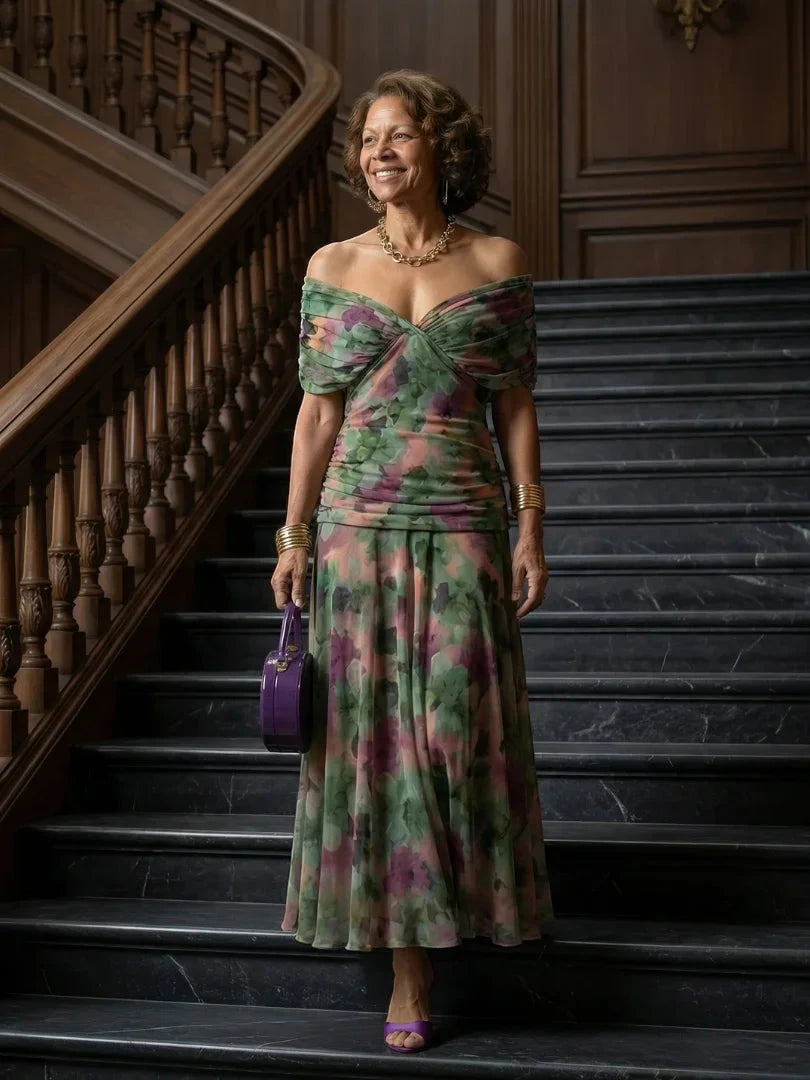 Women's Summer Midi Wedding Guest Dress with Off Shoulder Neckline