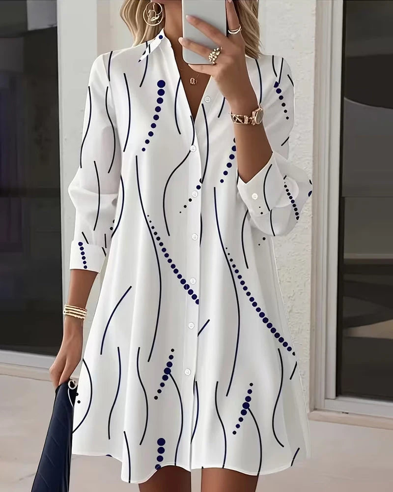 Women's Summer Mini Shirt Dress with V-Neck and Long Sleeve