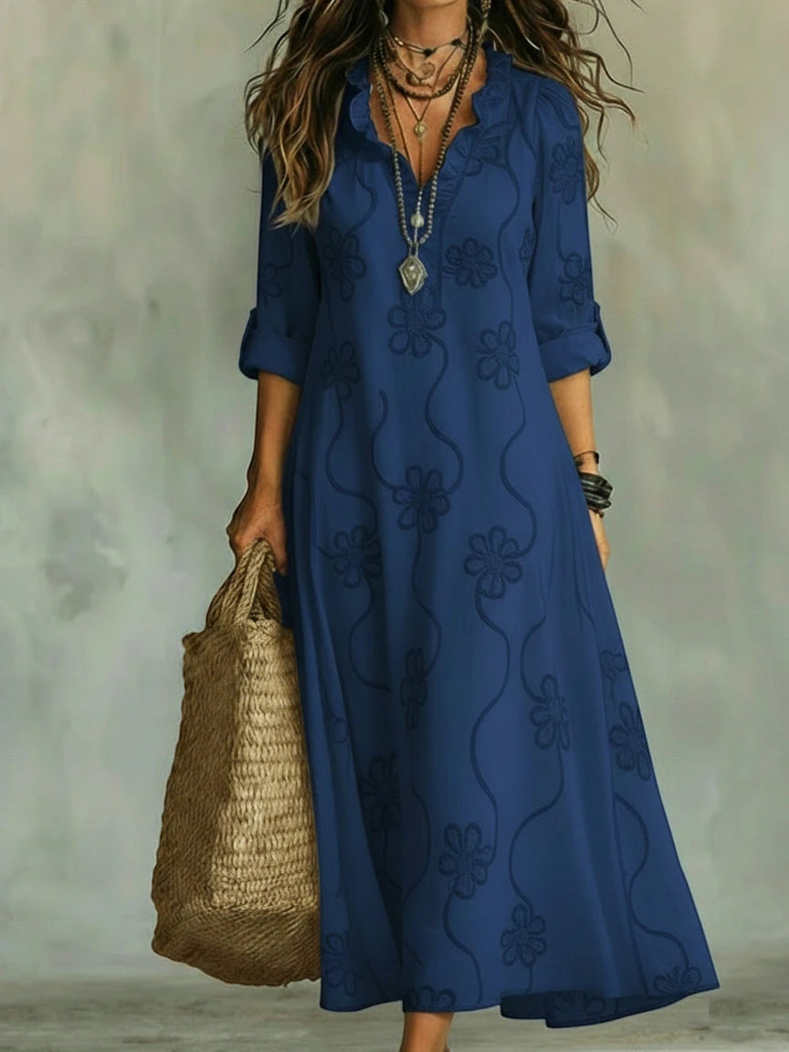 Women's Vintage Midi Summer Dress with Ruffle and V-Neck