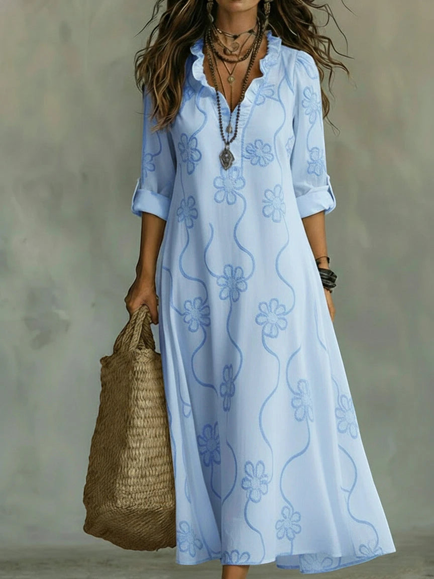 Women's Vintage Midi Summer Dress with Ruffle and V-Neck