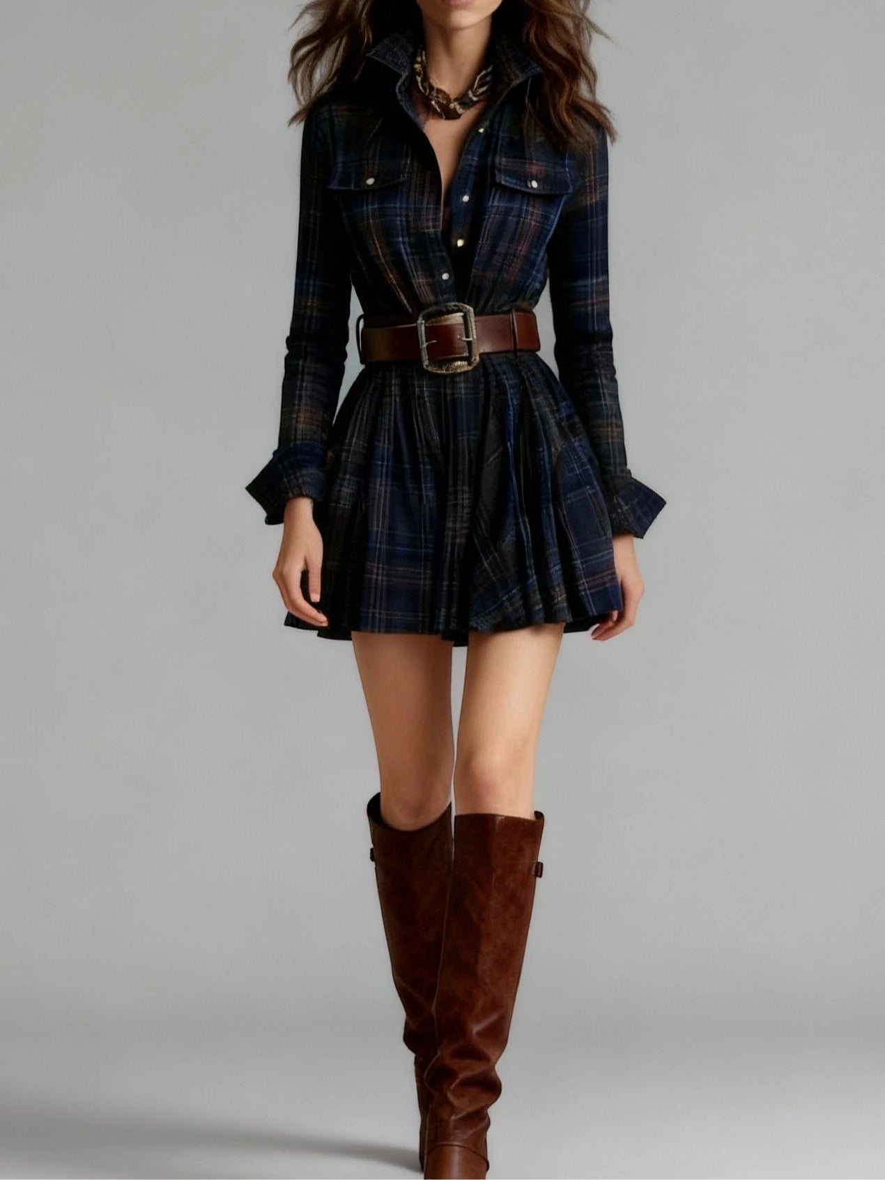 Women's Vintage Plaid Mini Summer Dress with Pleated