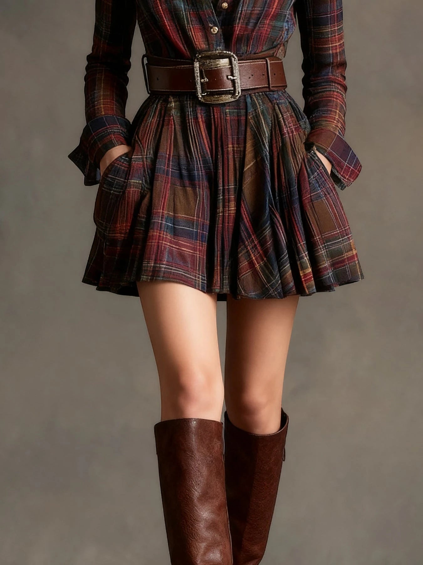 Women's Vintage Plaid Mini Summer Dress with Pleated