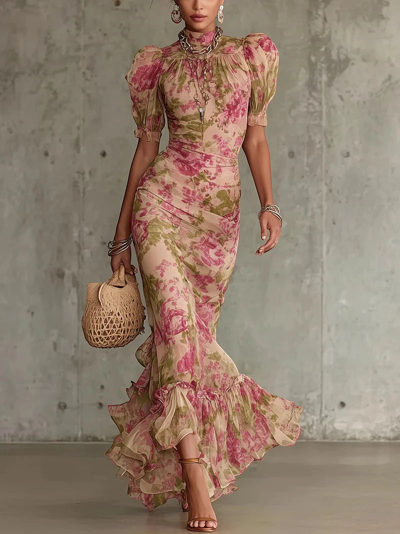 Women's Vintage Summer Maxi Dress with High Neck and Puff Sleeves