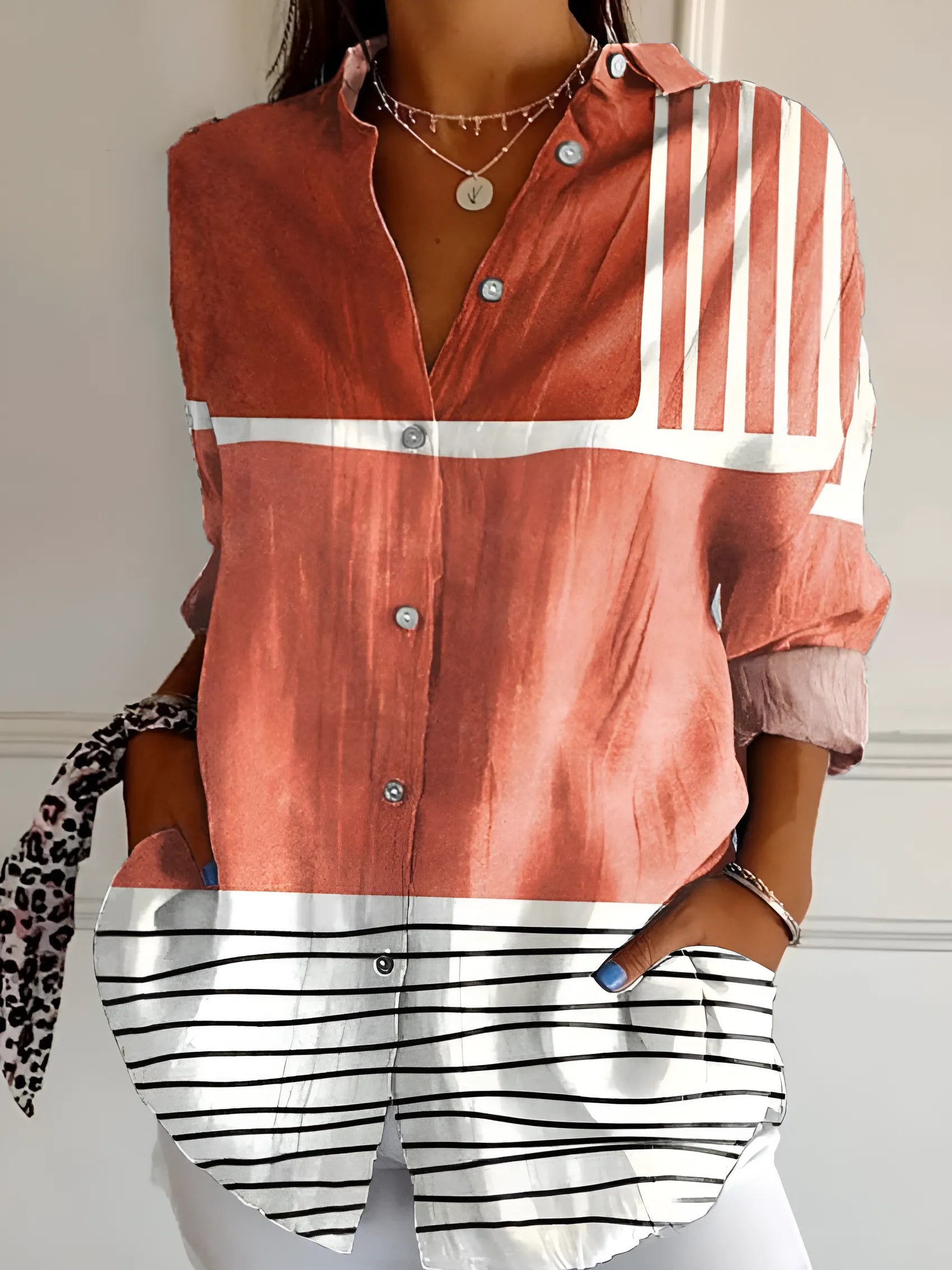 Women's Long Sleeve Shirt with V-Neck and Regular Collar