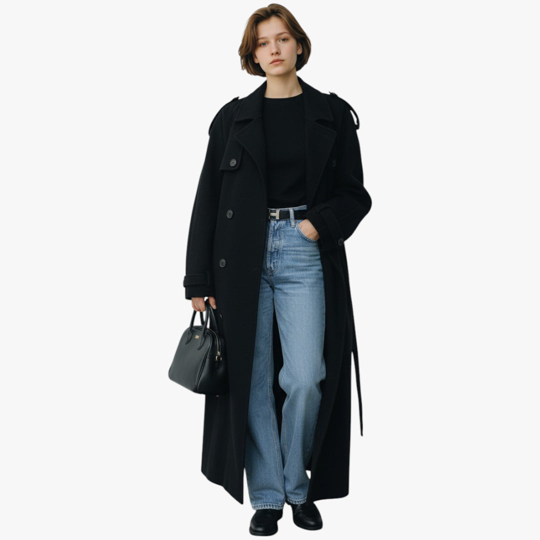 Person wearing a black coat and blue jeans holding a black handbag on a white background