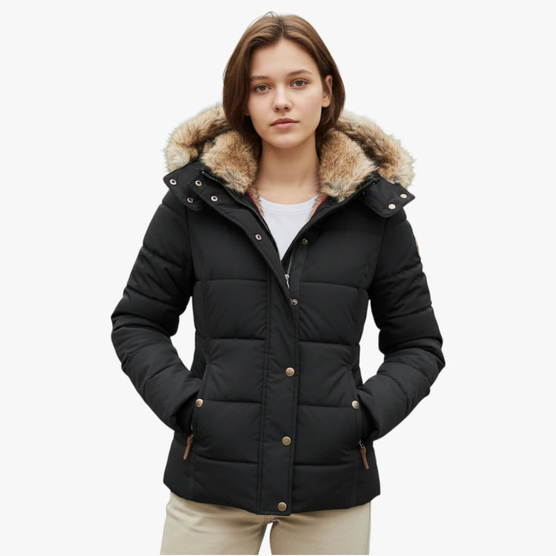 Black puffer jacket with fur hood worn by a person on a white background