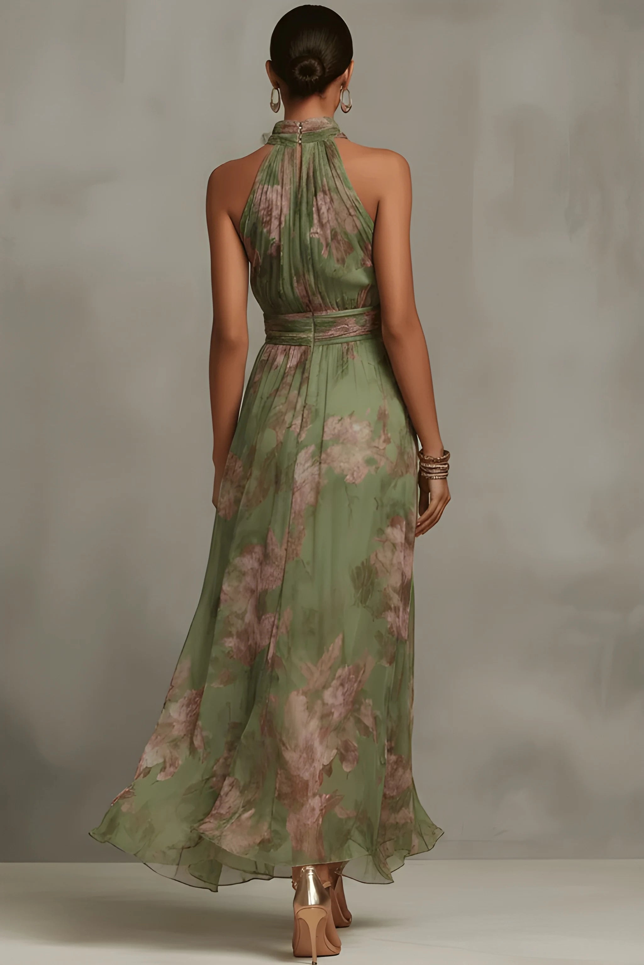 Women's Romantic Floral Maxi Summer Dress with Halter Neck and Draped Fit