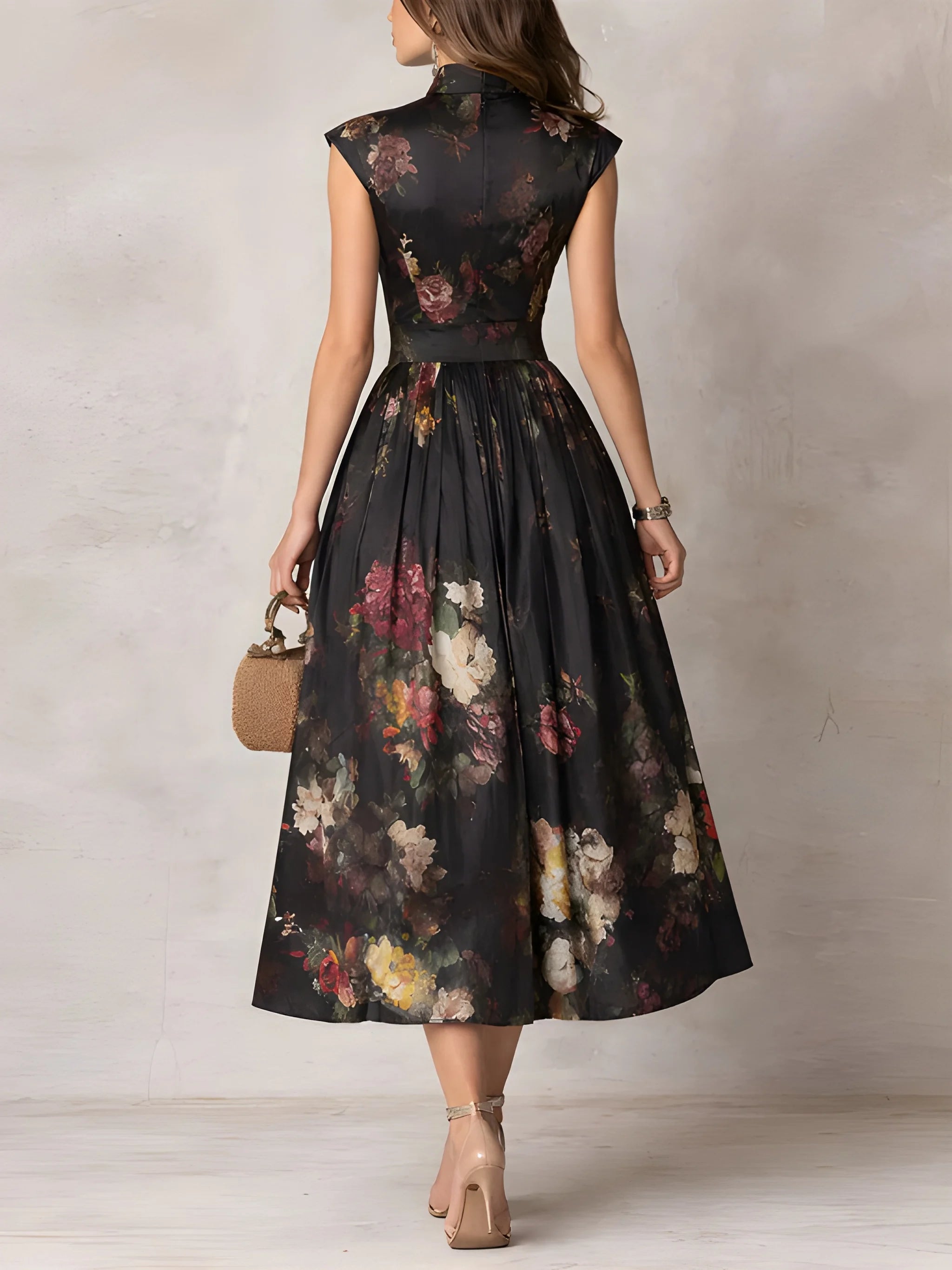 Women's Floral Elegant Midi Summer Dress with High Neck and Pleated Skirt