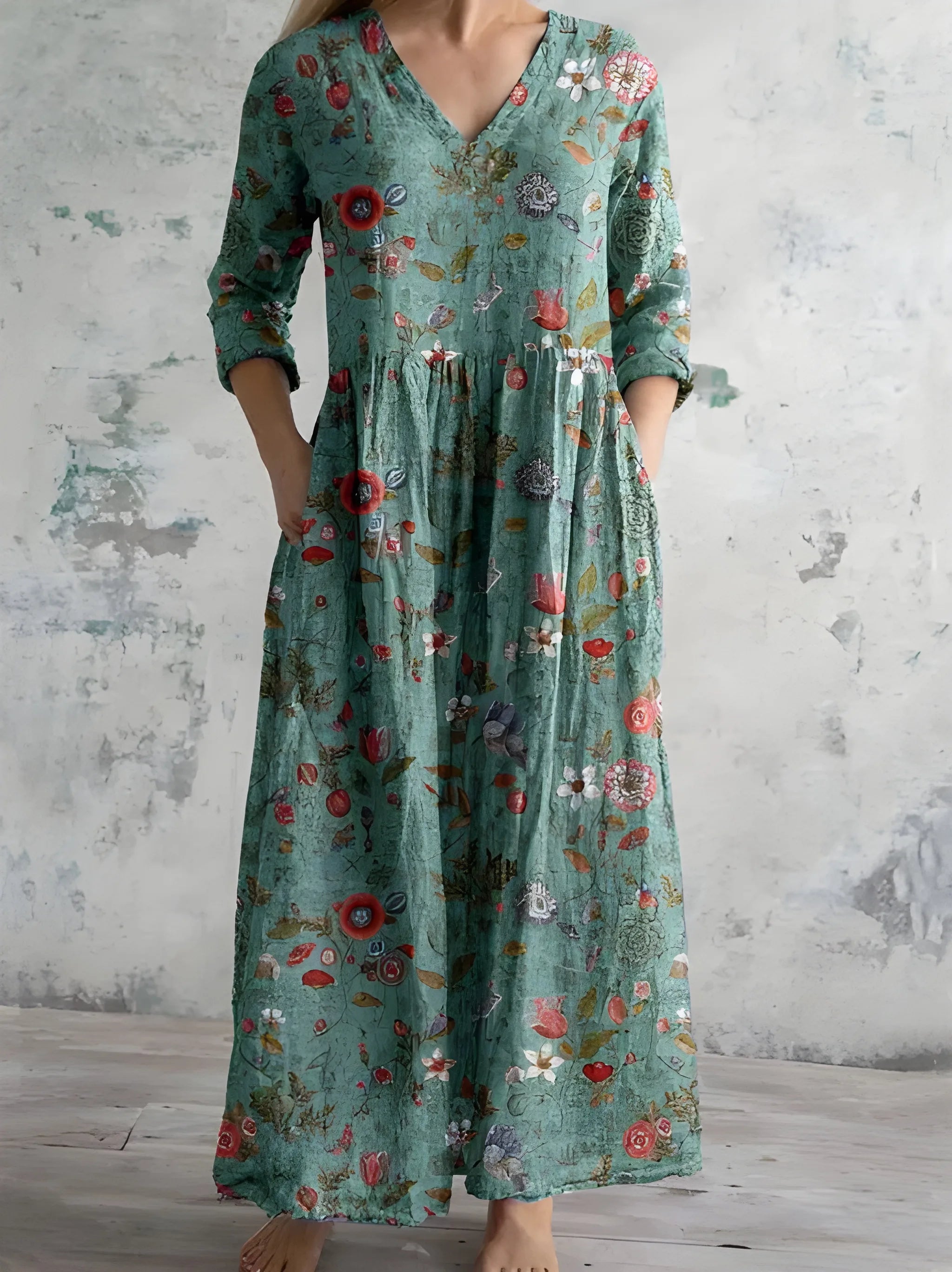 Women's Floral Vintage Maxi Summer Dress with V-Neck