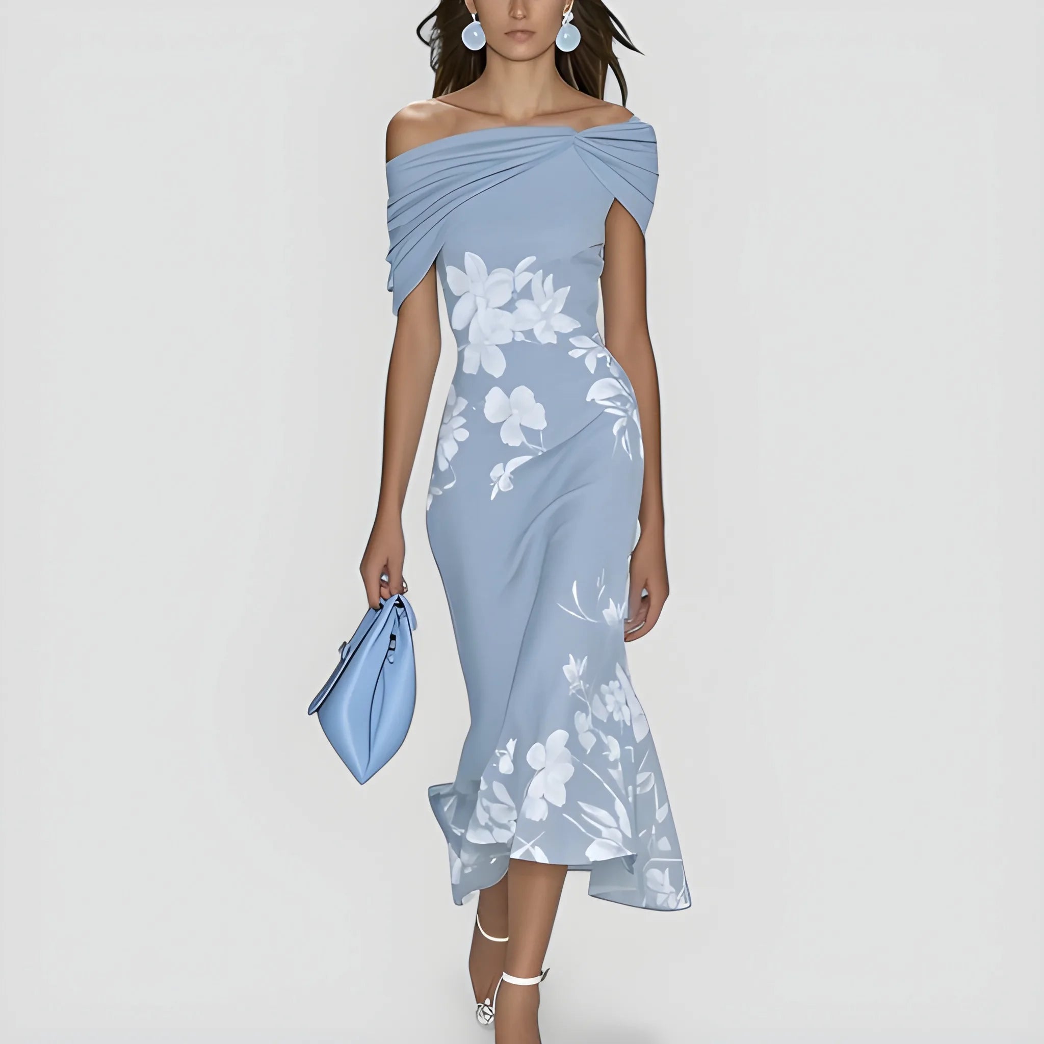 Women's Elegant Floral Midi Cocktail Dress with Off Shoulder and Ruffle
