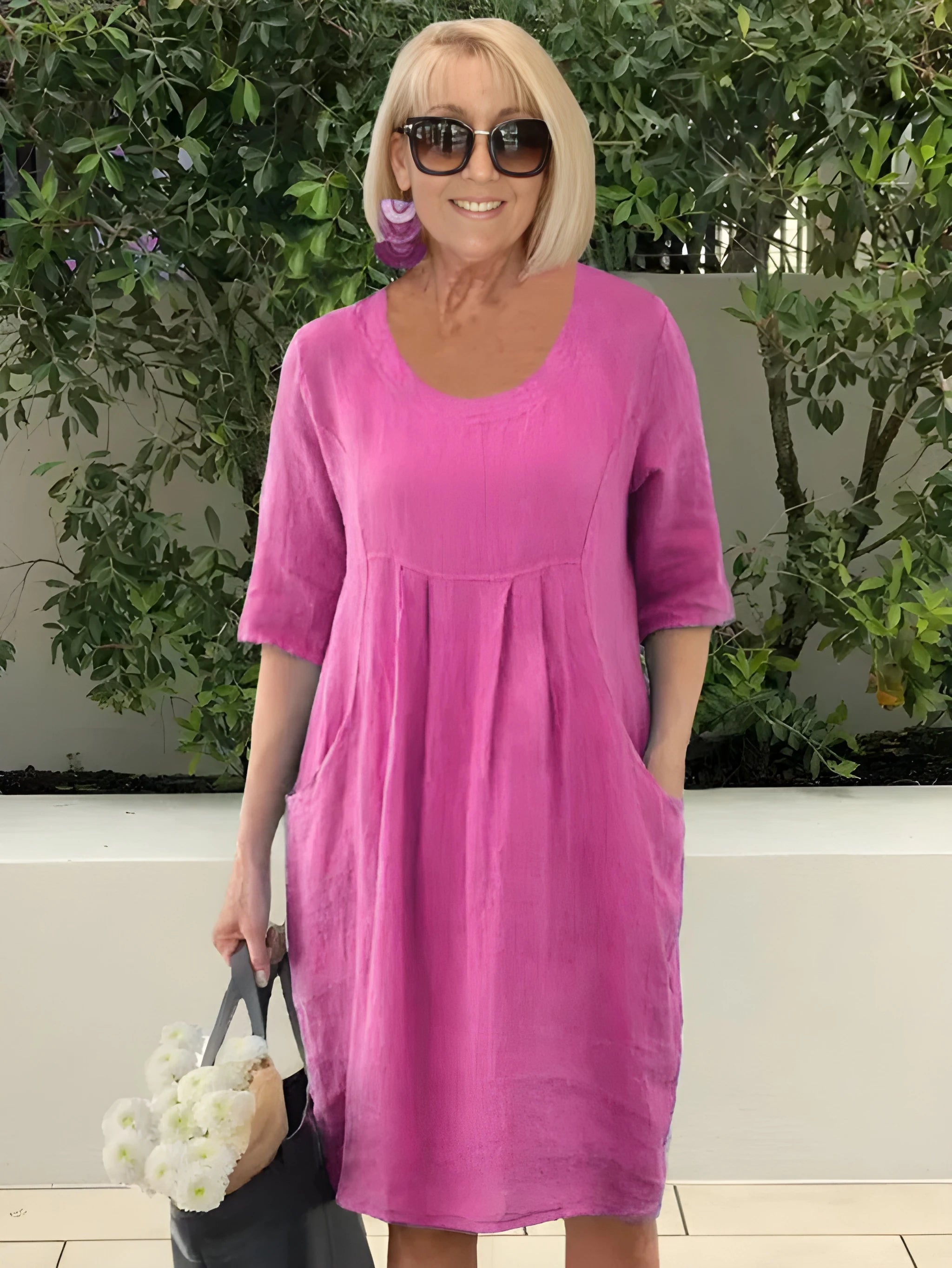Women's Casual Flowy Midi Summer Dress with Pleated Front