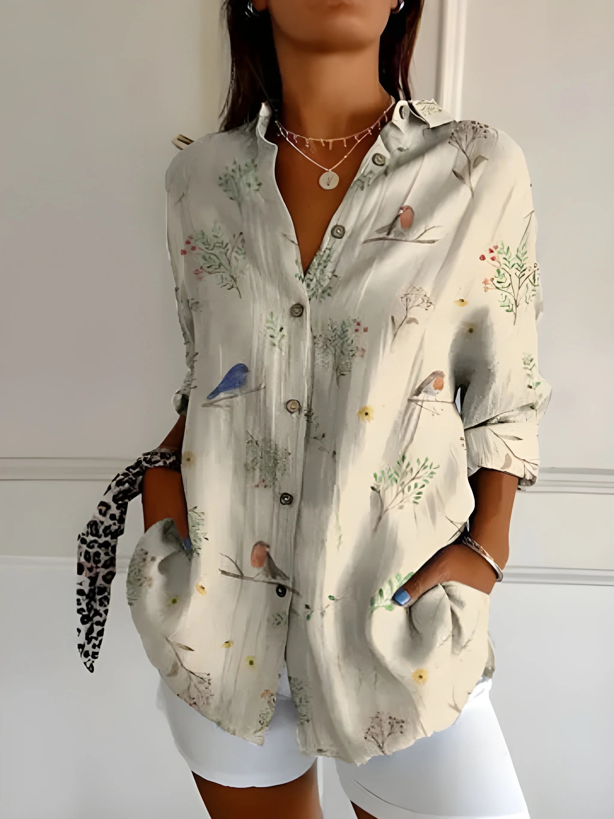 Women's Casual Work Shirt with Button-Up Front and Pockets