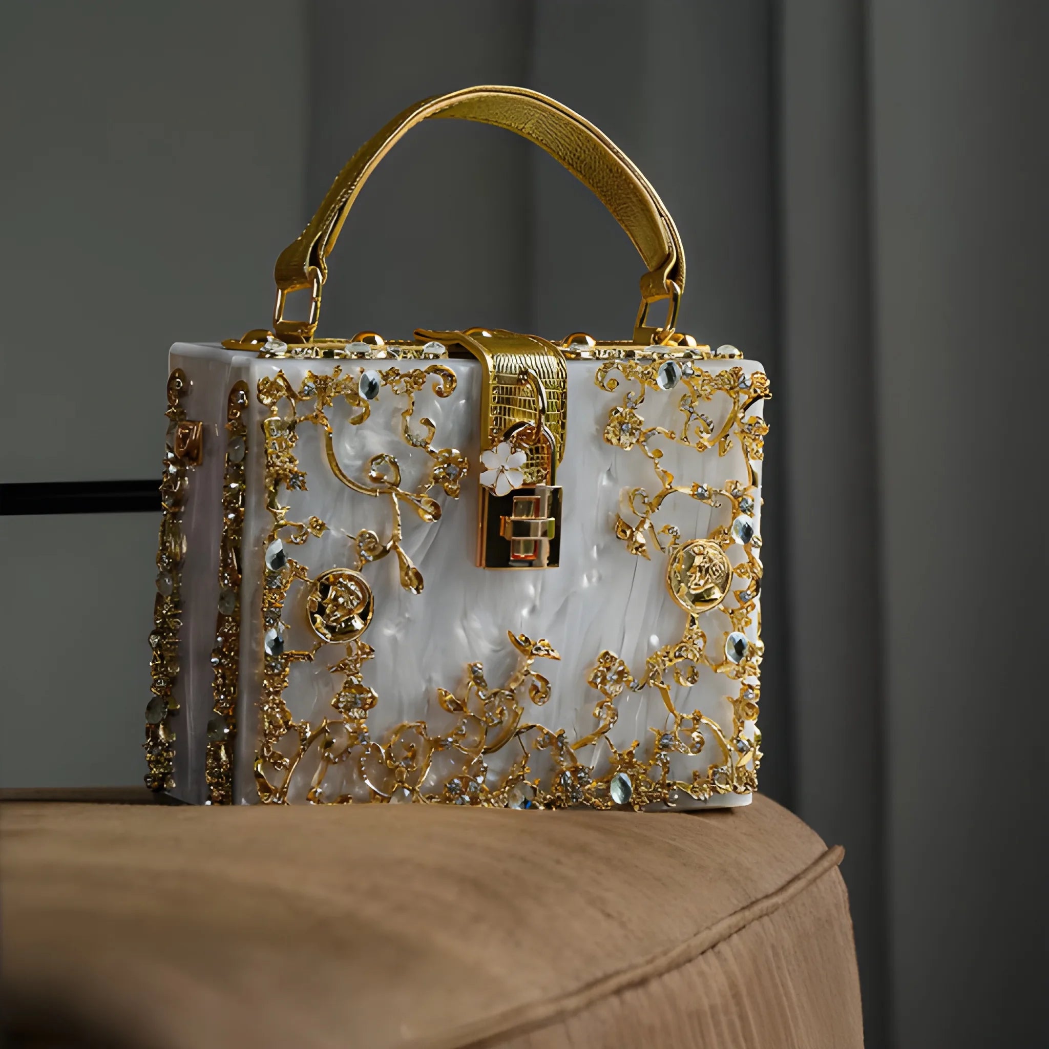 Women's Structured Hand Bag with Floral Embellishments and Top Handle