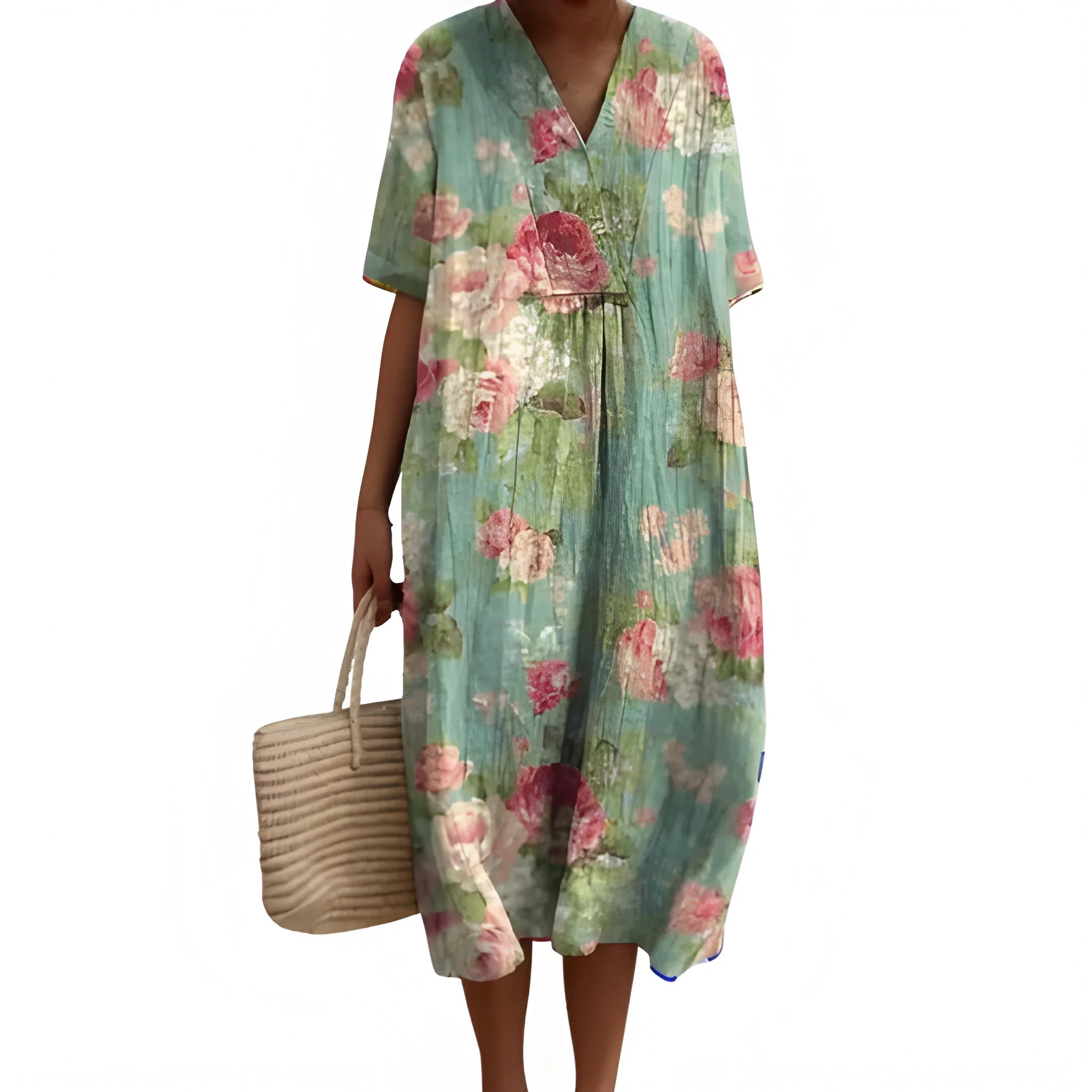 Women's Casual Floral Midi Summer Dress with V Neck