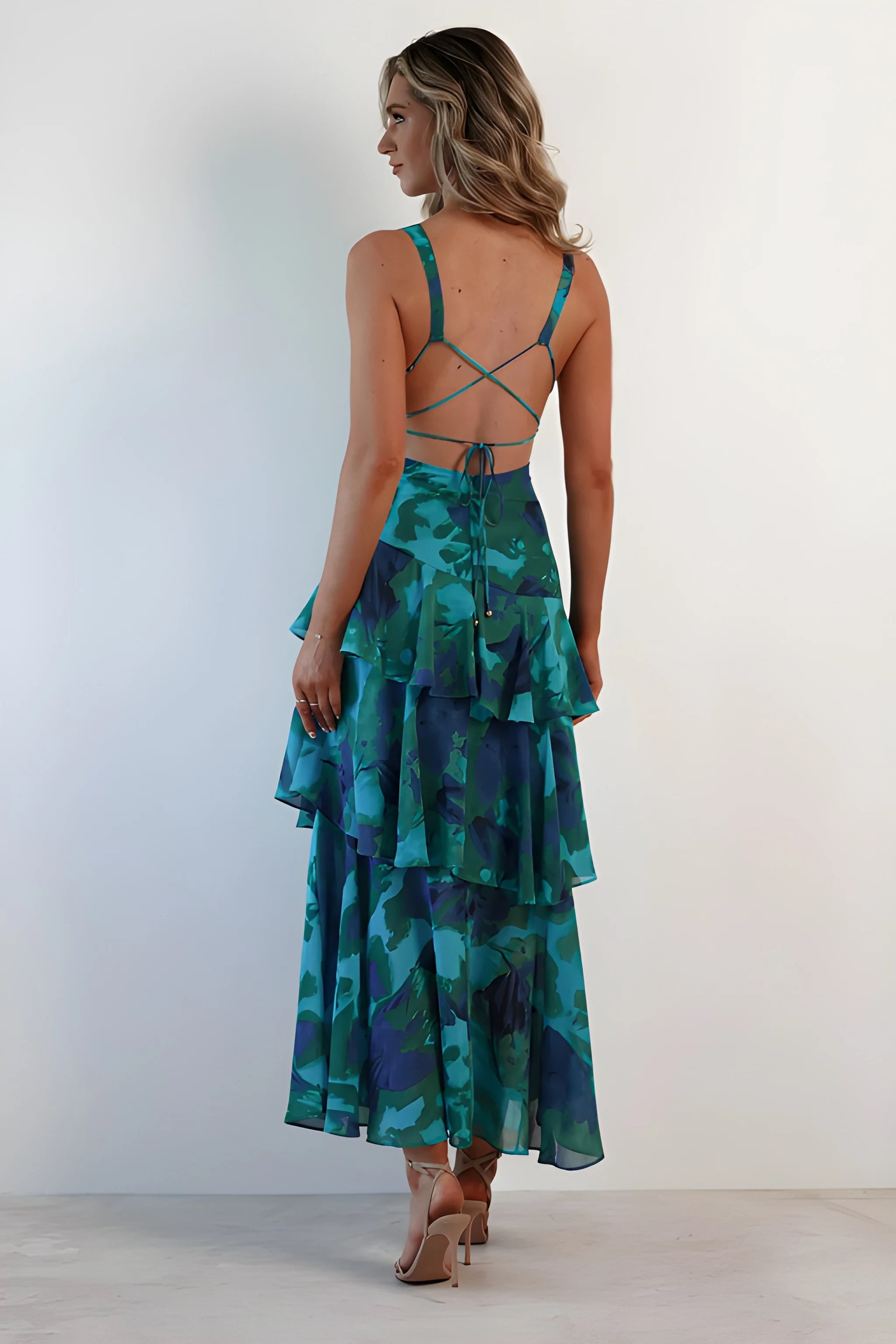 Women's Floral Ruffle Midi Summer Dress with V-Neck