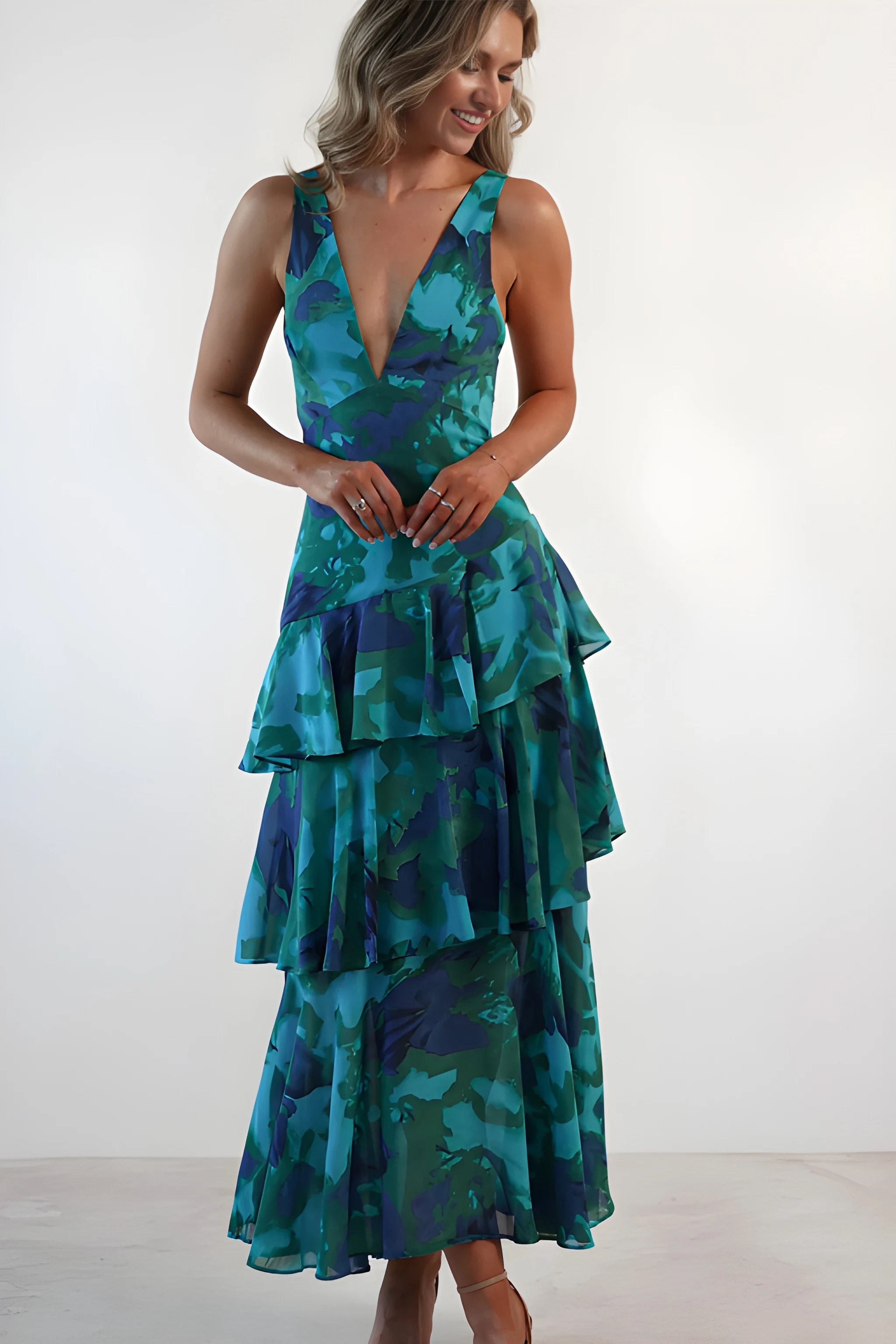 Women's Floral Ruffle Midi Summer Dress with V-Neck