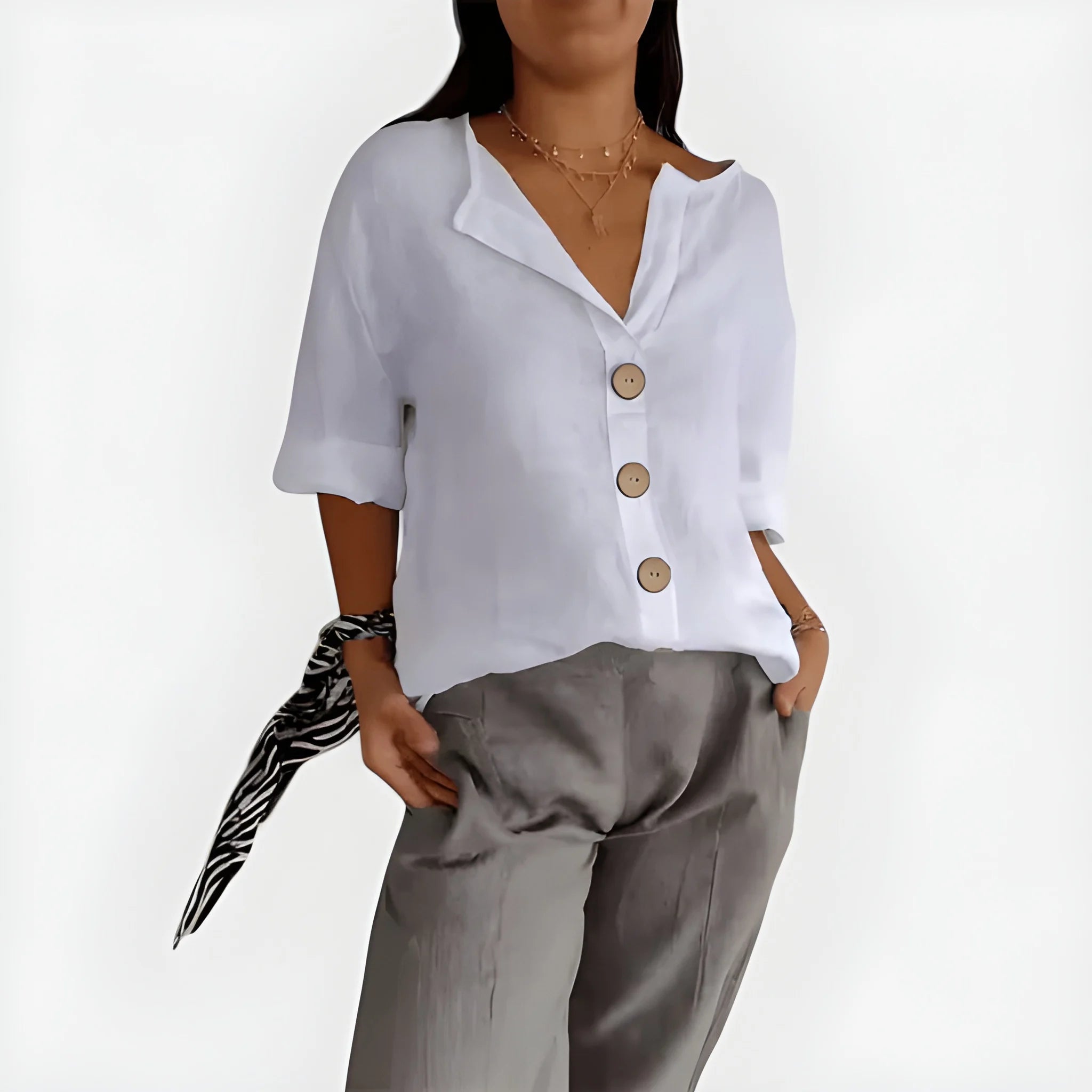 Women's Summer Loose Shirt with V-Neck and Short Sleeve