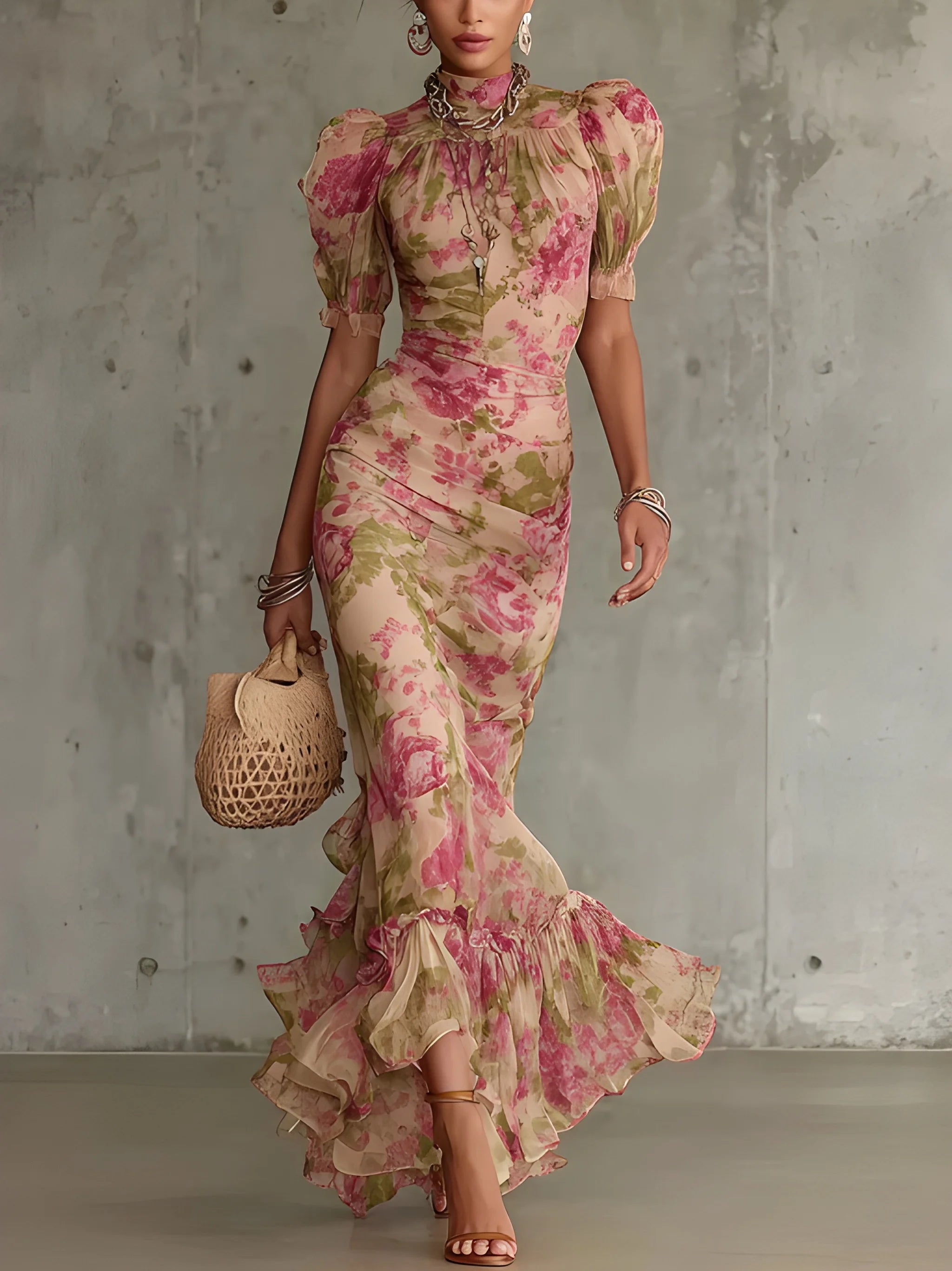 Women's Floral Boho Maxi Summer Dress with Puff Sleeves