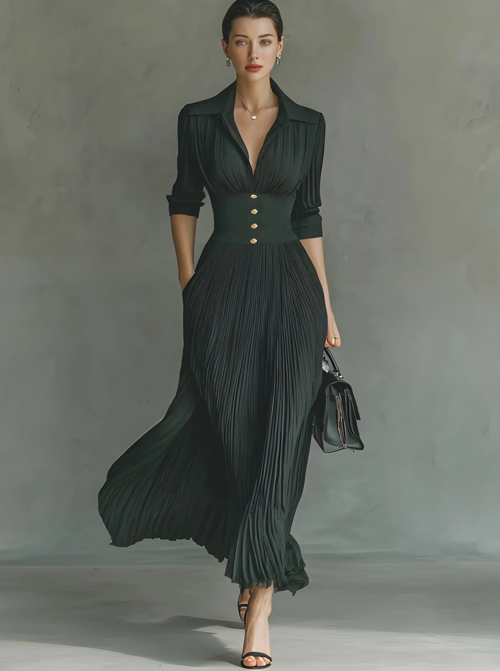 Women's Casual Elegant Maxi Summer Dress with Pleated Skirt and Long Sleeve