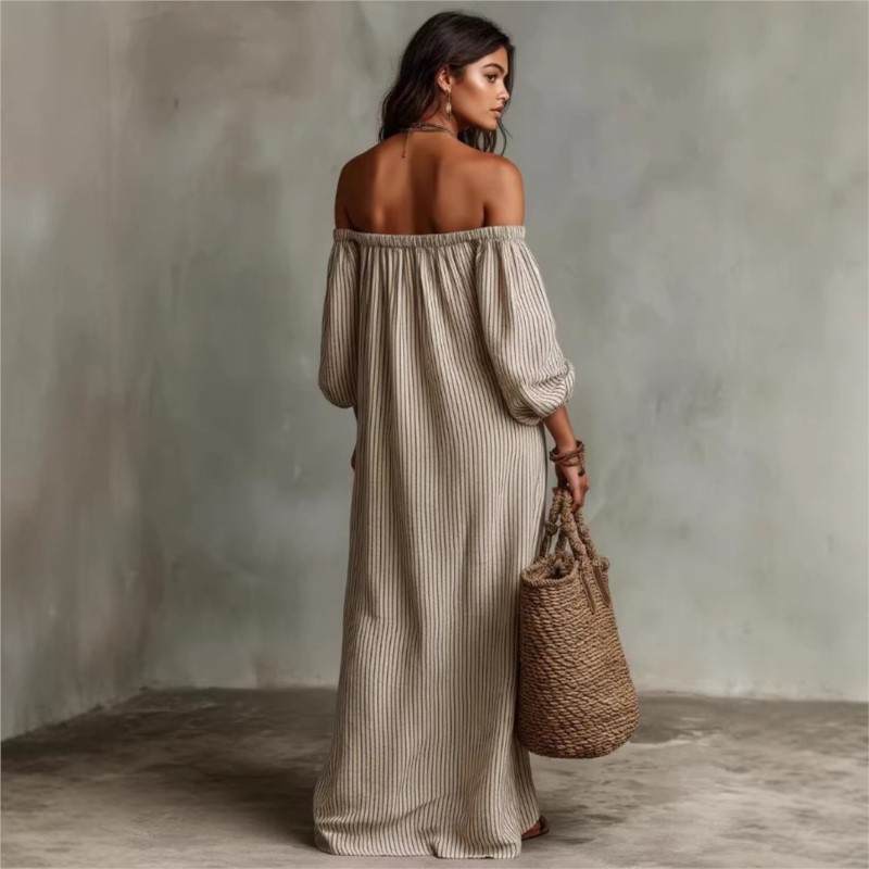 Women's Relaxed Striped Maxi Summer Dress with Off-Shoulder Design