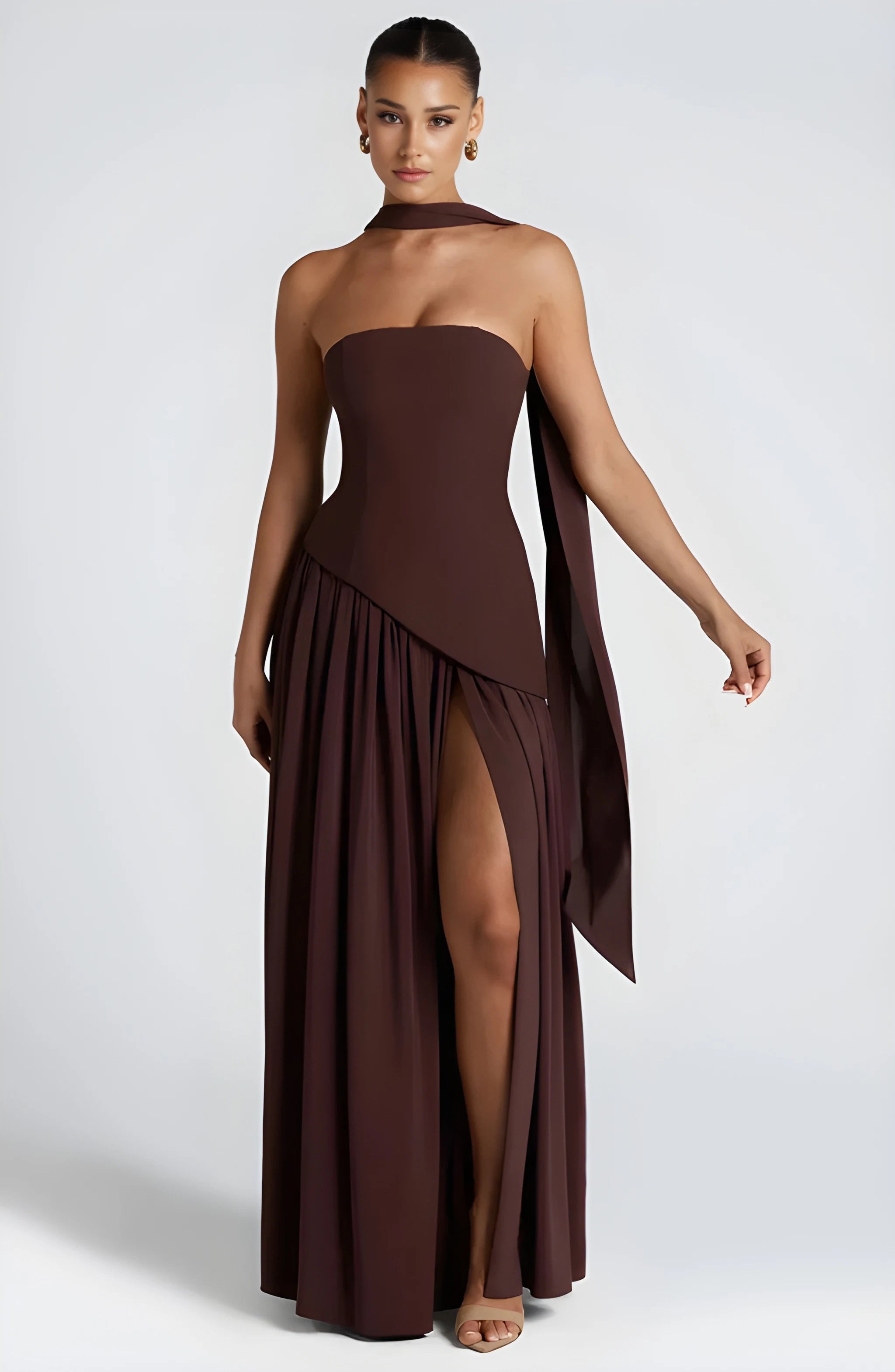 Women's Elegant Structured Maxi Wedding Guest Dress with Corset Bodice