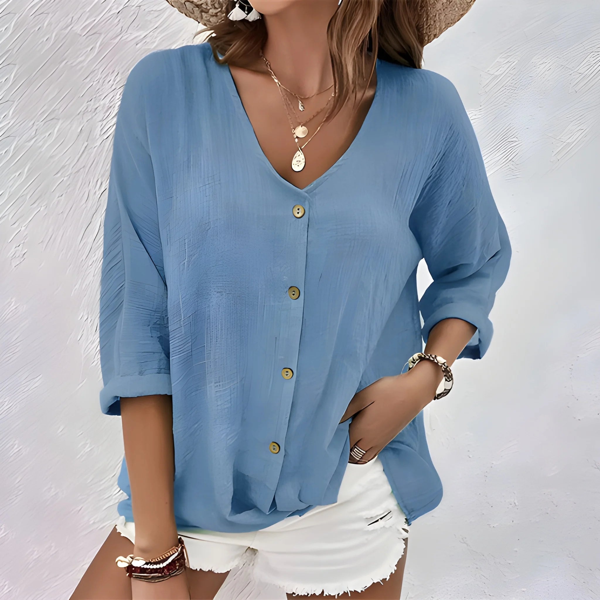 Women's Summer Oversized Shirt with V-Neck and Short Sleeve