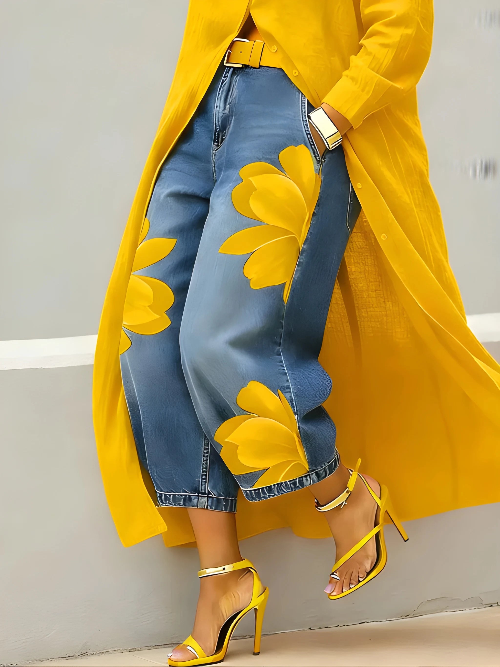 Women's Elegant Floral Midi Shirt Dress with Jeans