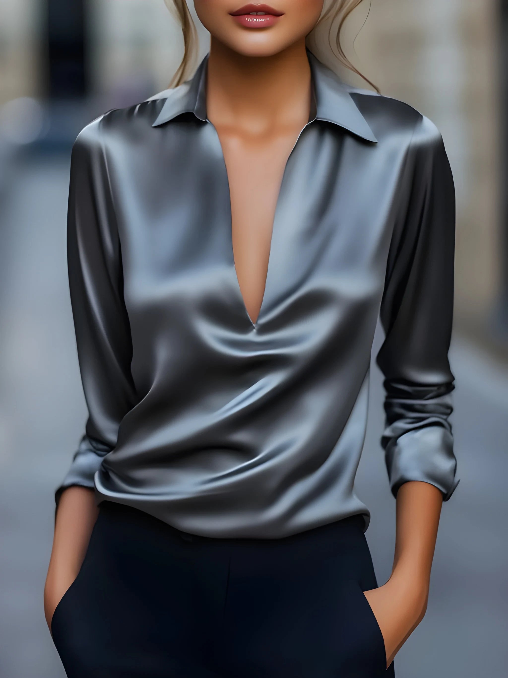 Women's Summer Long Sleeve Blouse with V-Neck