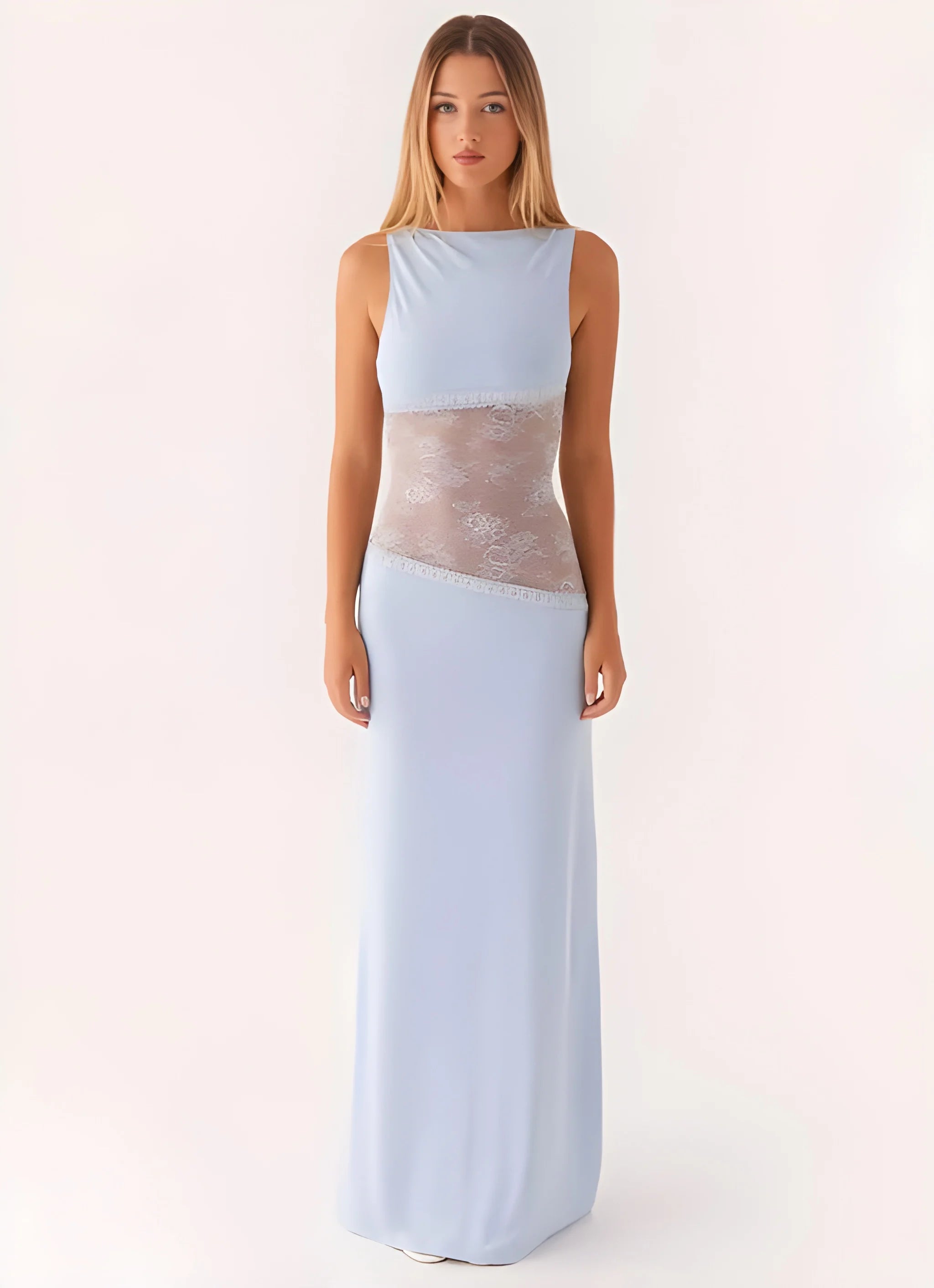 Women's Formal Maxi Wedding Guest Dress with High Neck and Sleeveless Design