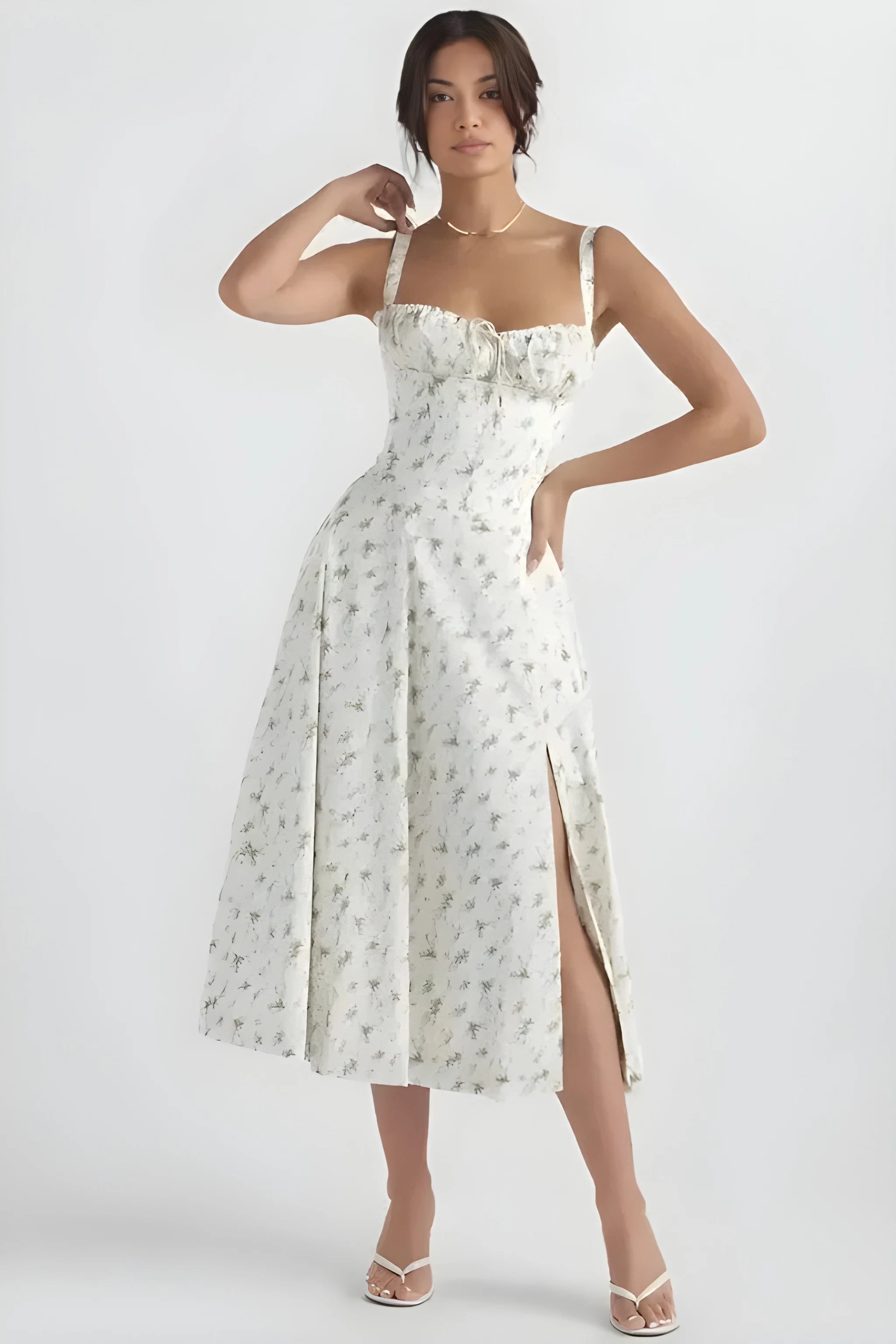 Women's Feminine Fashionable Midi Summer Dress with Bustier Bodice and Adjustable Straps
