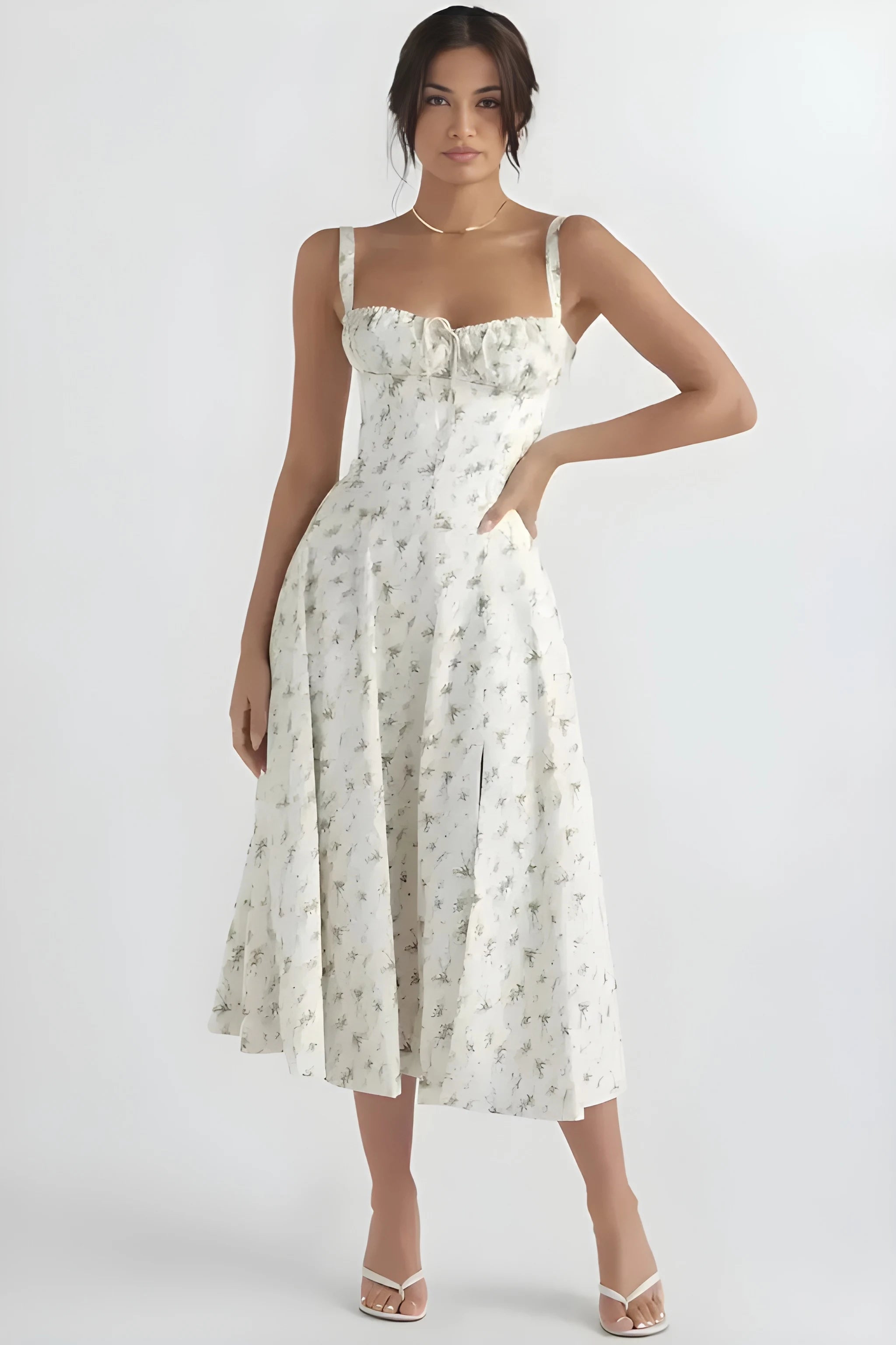 Women's Feminine Fashionable Midi Summer Dress with Bustier Bodice and Adjustable Straps