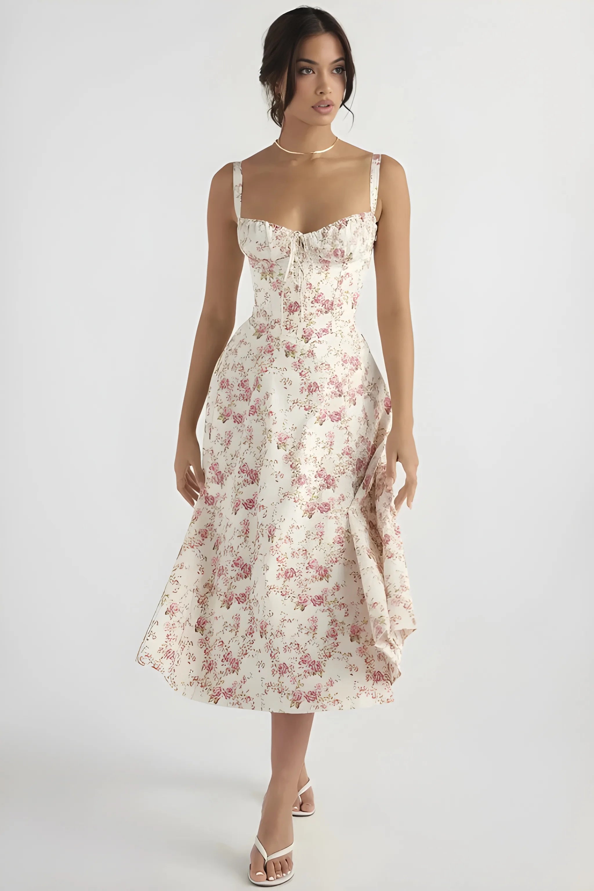 Women's Feminine Fashionable Midi Summer Dress with Bustier Bodice and Adjustable Straps