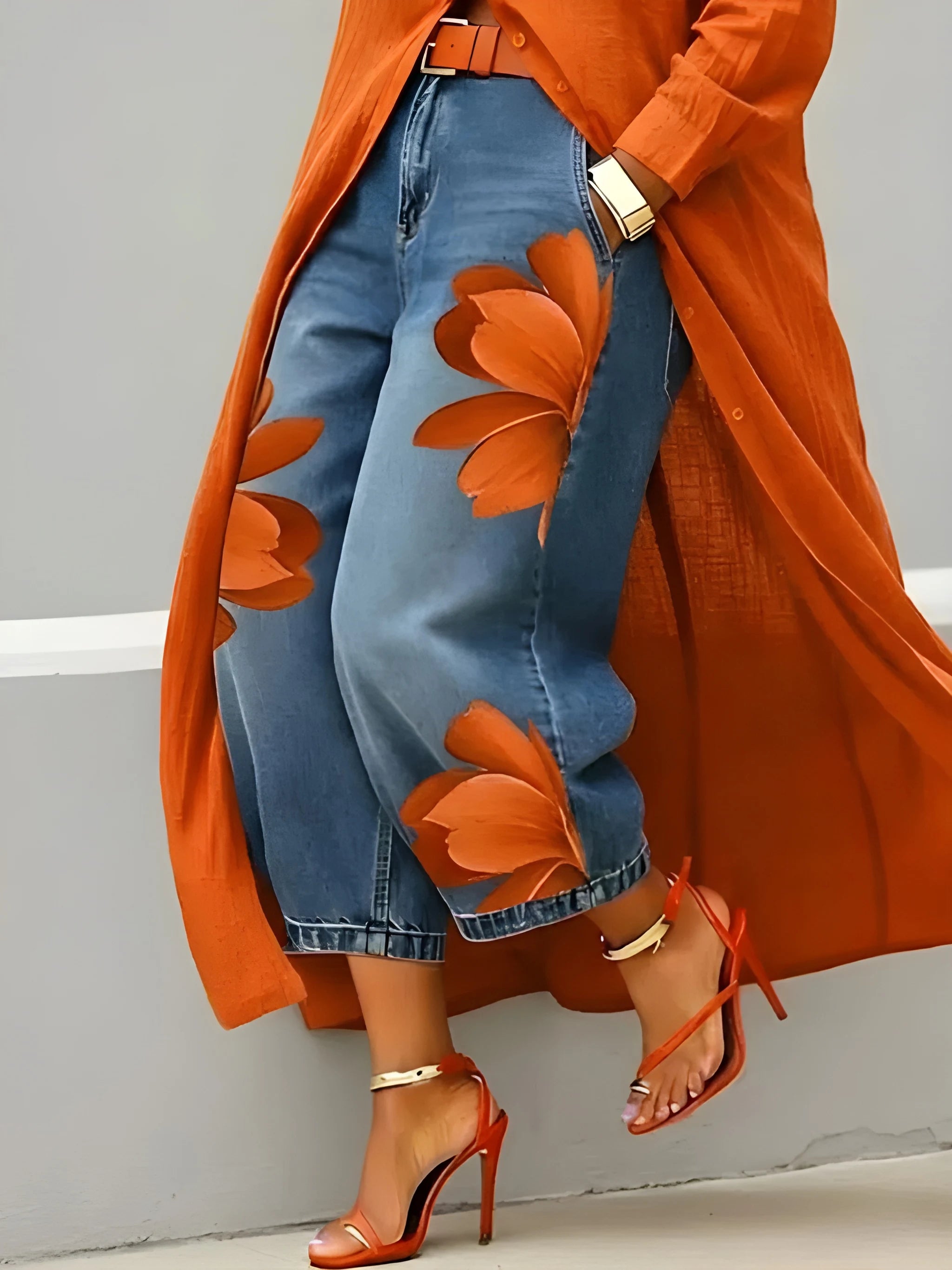 Women's Elegant Floral Midi Shirt Dress with Jeans
