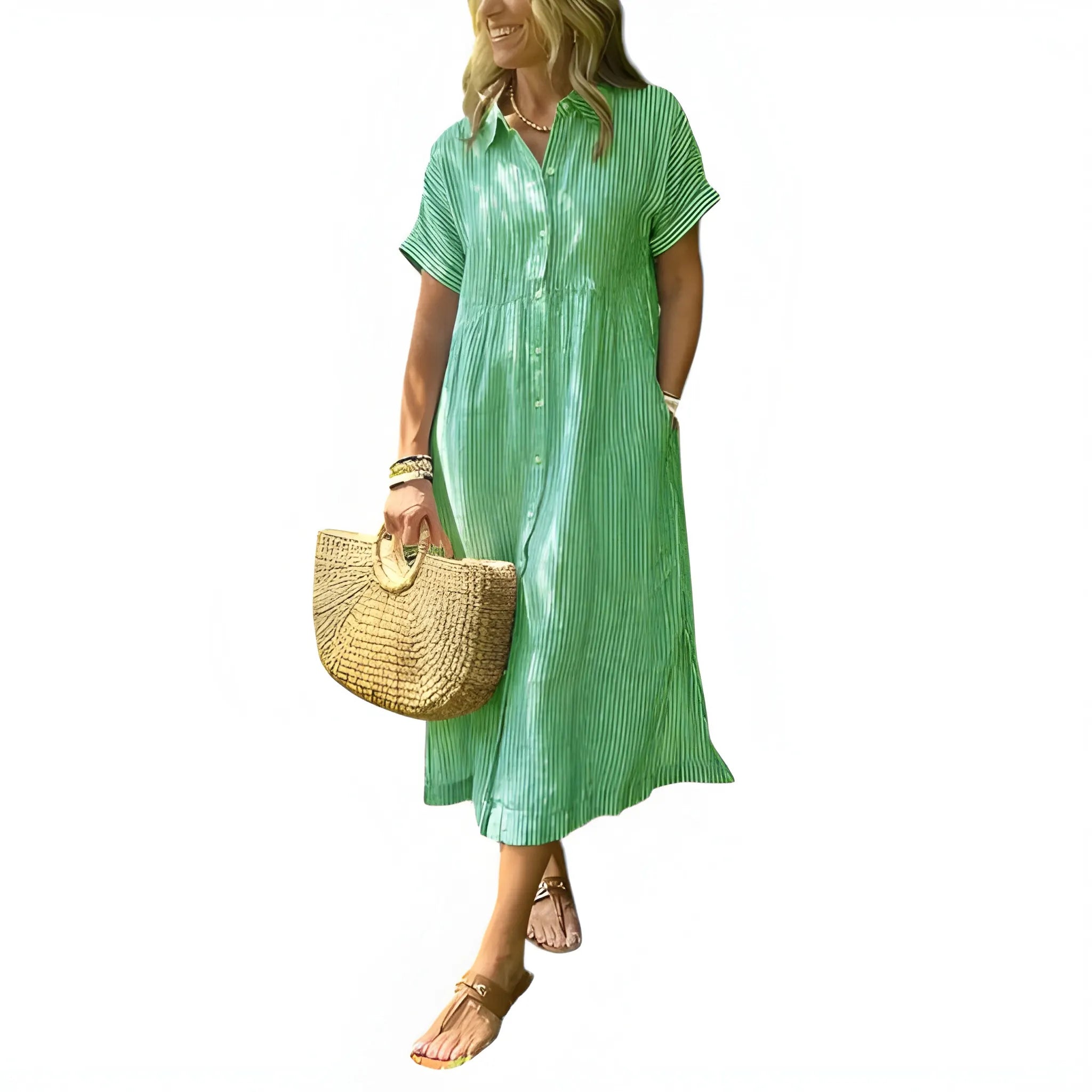 Women's Casual Flowy Midi Summer Dress with Short Sleeve and Button Front